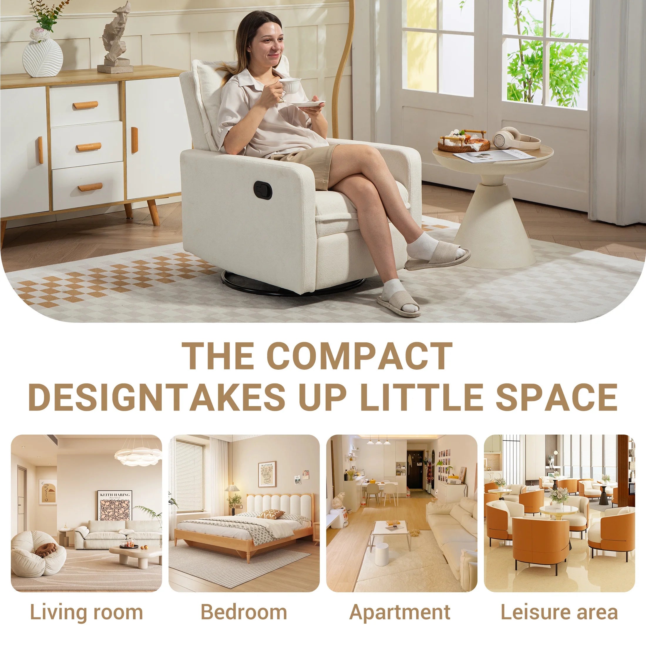 360° Swivel Rocker Recliner for Adults, Small Rocking Recliner for Small Spaces, Glider Recliner for Nursery, Rocking Chair , Manual Recliner Chair for Living Room, Bedroom, White