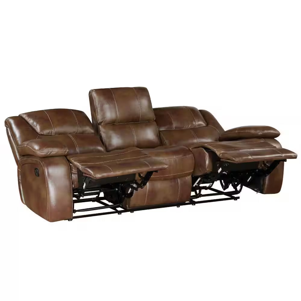 86.5 In. Pillow Top Arms Faux Leather Rectangle with Double Reclining Sectional Sofa in Brown