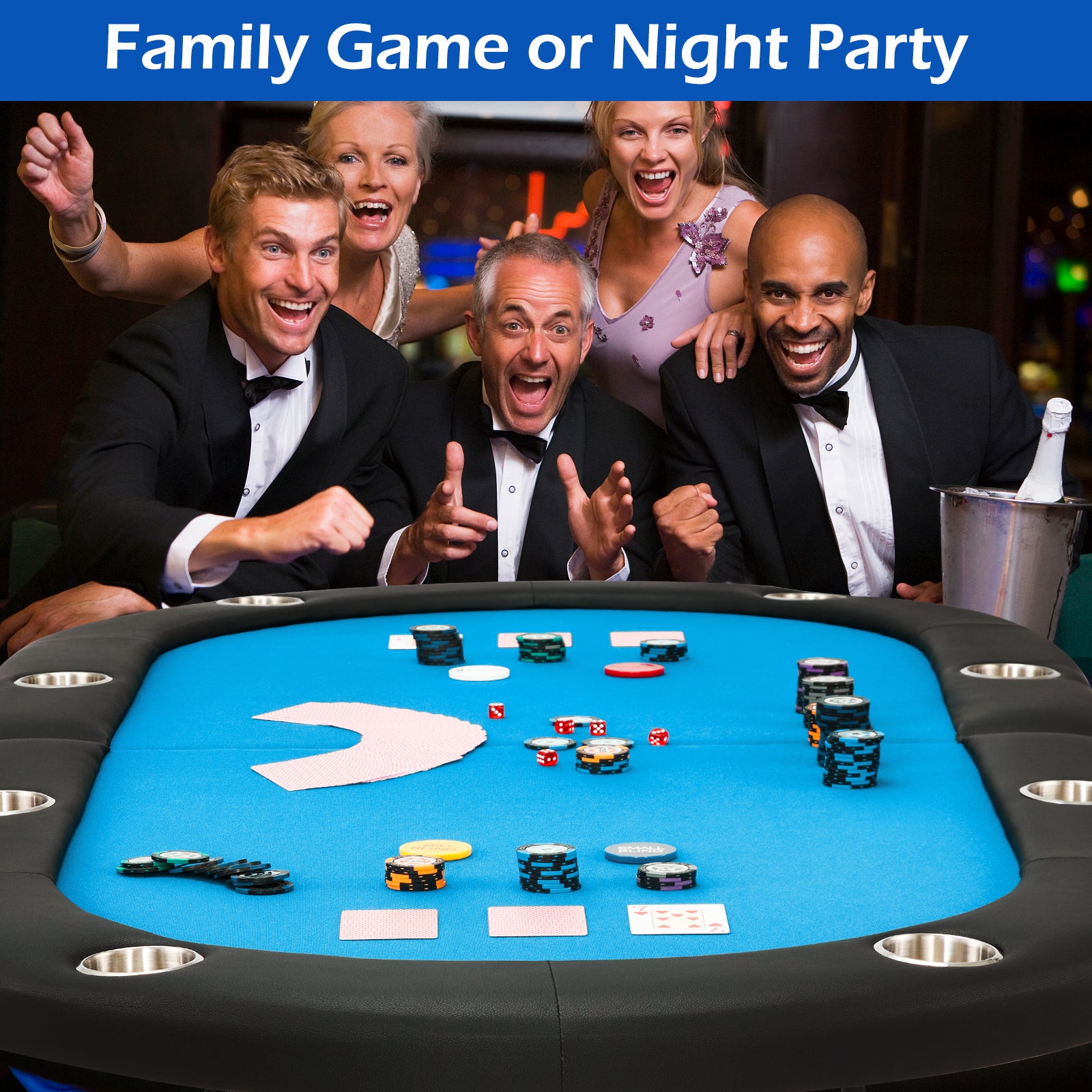 30" 8-Player Poker Table Foldable, Oval Gaming Table W/Stainless Cup Holder, Blue