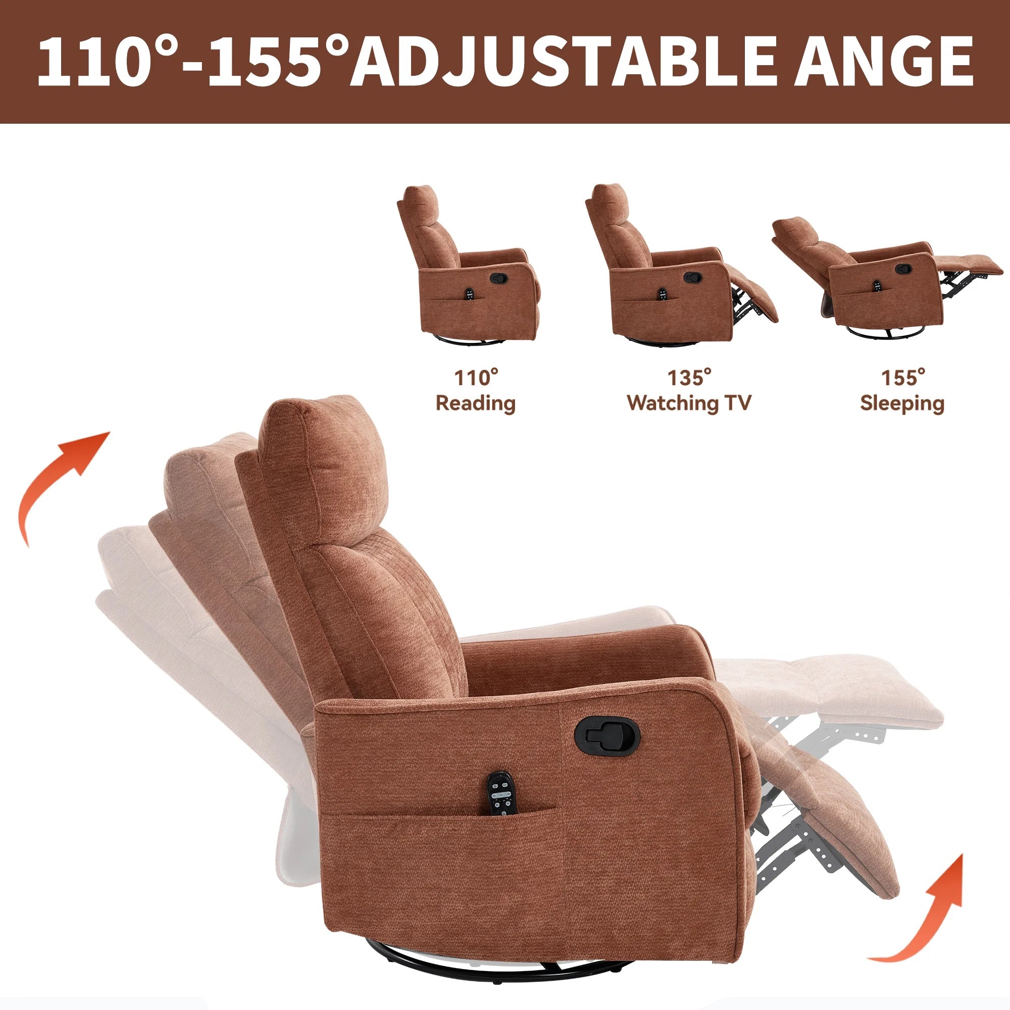 Swivel Rocker Recliner, Fabric 360°Swivel Rocking Chair with Massage and Heat, Glider Rocking Recliner for Nursery, Small Rocker Chair Manual Recliner for Home Theater Living Room, Orange