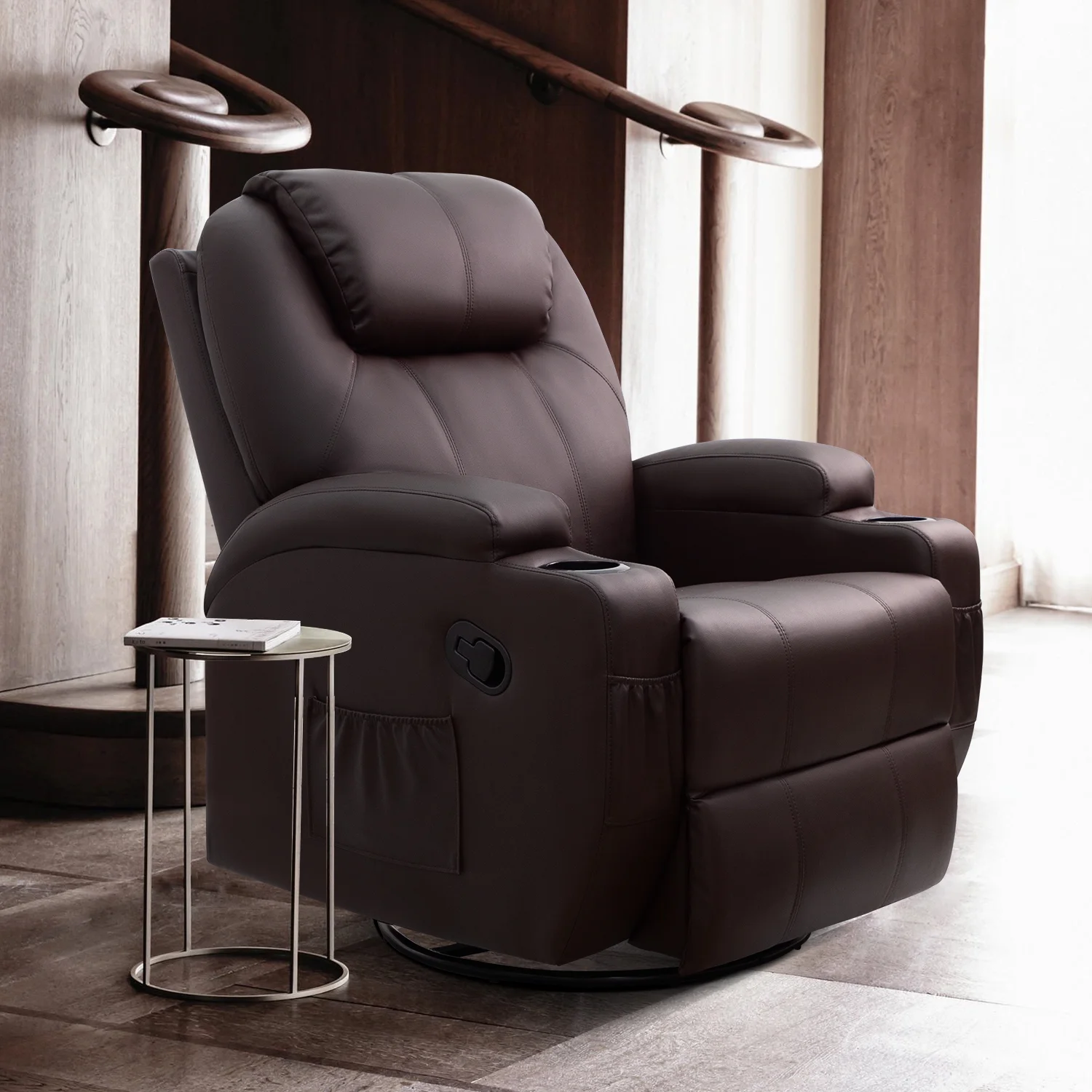 Swivel Rocking Recliner Chair Massage PU Leather 360 Swivel Rocker Recliner Living Room Chair Home Theater Seating,Pu Leather Brown