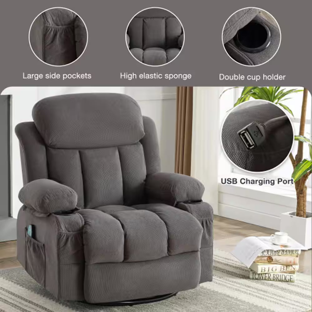 Dark Gray Velvet Recliners Massage Heated Reclining for Elderly with USB and 2-Cup Holders