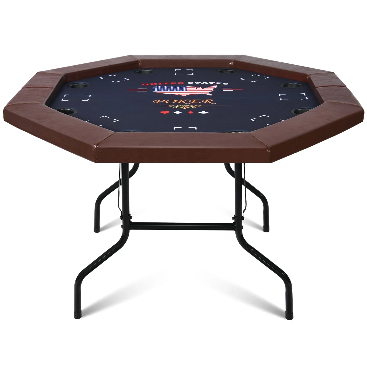 Raychee Poker Table Foldable, 8 Player Octagonal Texas Holdem Table W/Cushioned Rail, Stainless Steel Cup Holders, Casino-Grade Felt Surface (Brown)