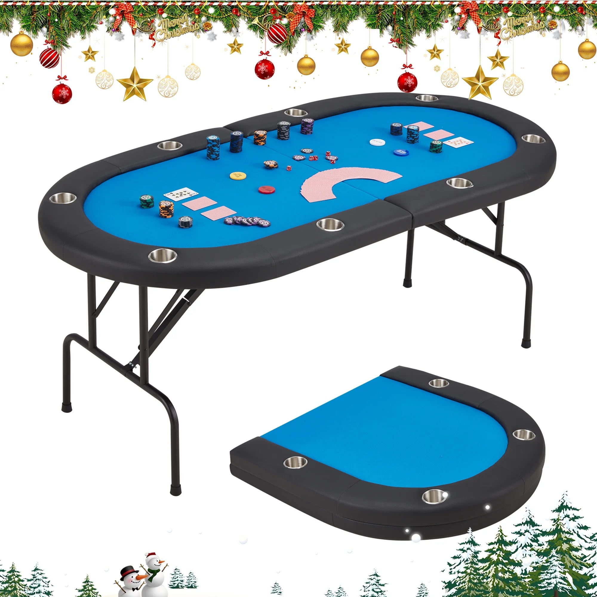 30" 8-Player Poker Table Foldable, Oval Gaming Table W/Stainless Cup Holder, Blue