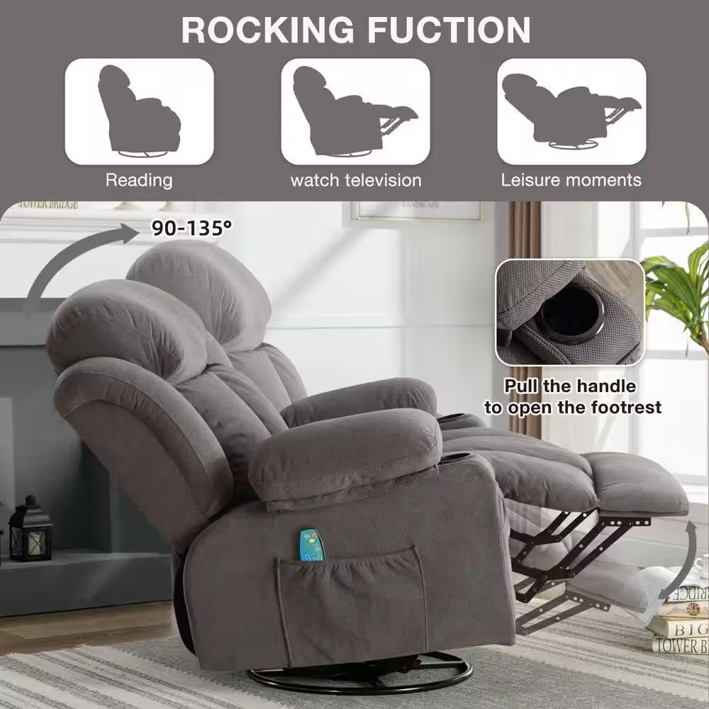 Dark Gray Velvet Recliners Massage Heated Reclining for Elderly with USB and 2-Cup Holders