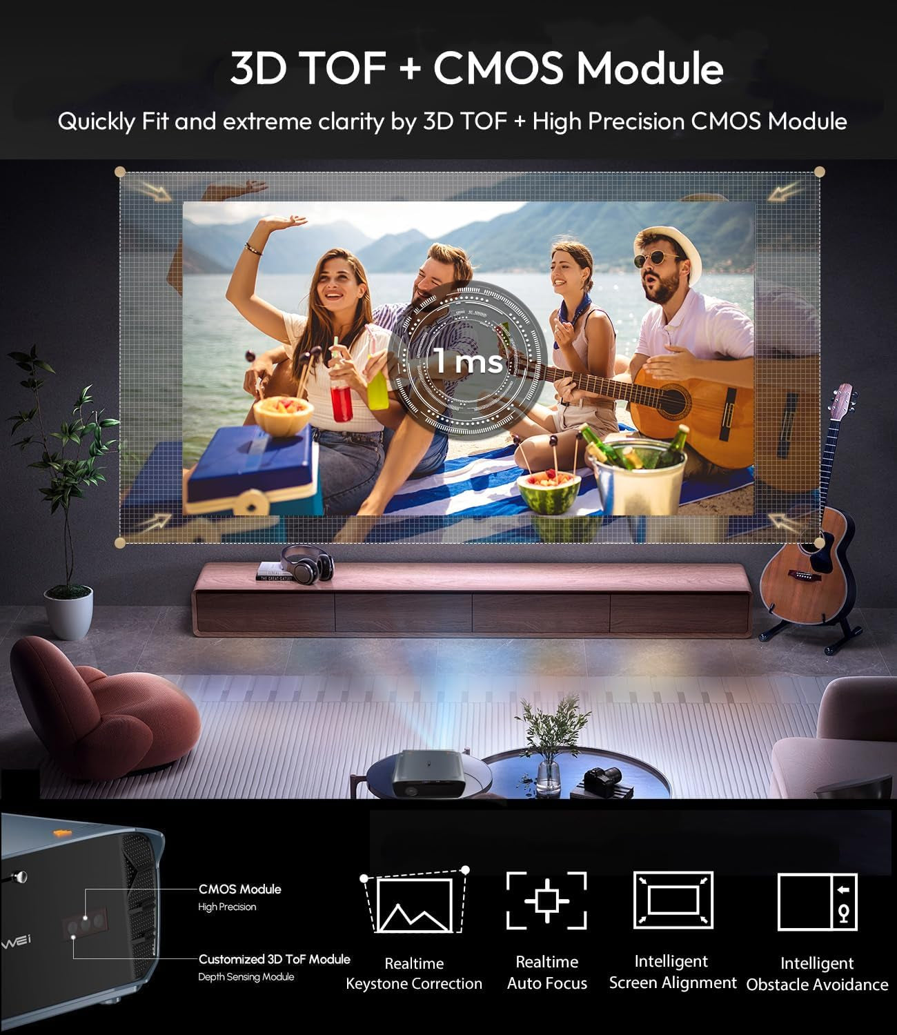 Smart 4K Projector【Officially Google TV | 2400 Ansi】Daytime Home Projectors with 3D Doiby Audio, Tof Autofocus, Shorter Throw, HDMI ARC NFC Wifi6 Bluetooth, 100%–30% Zoom Outdoor Movie Projector