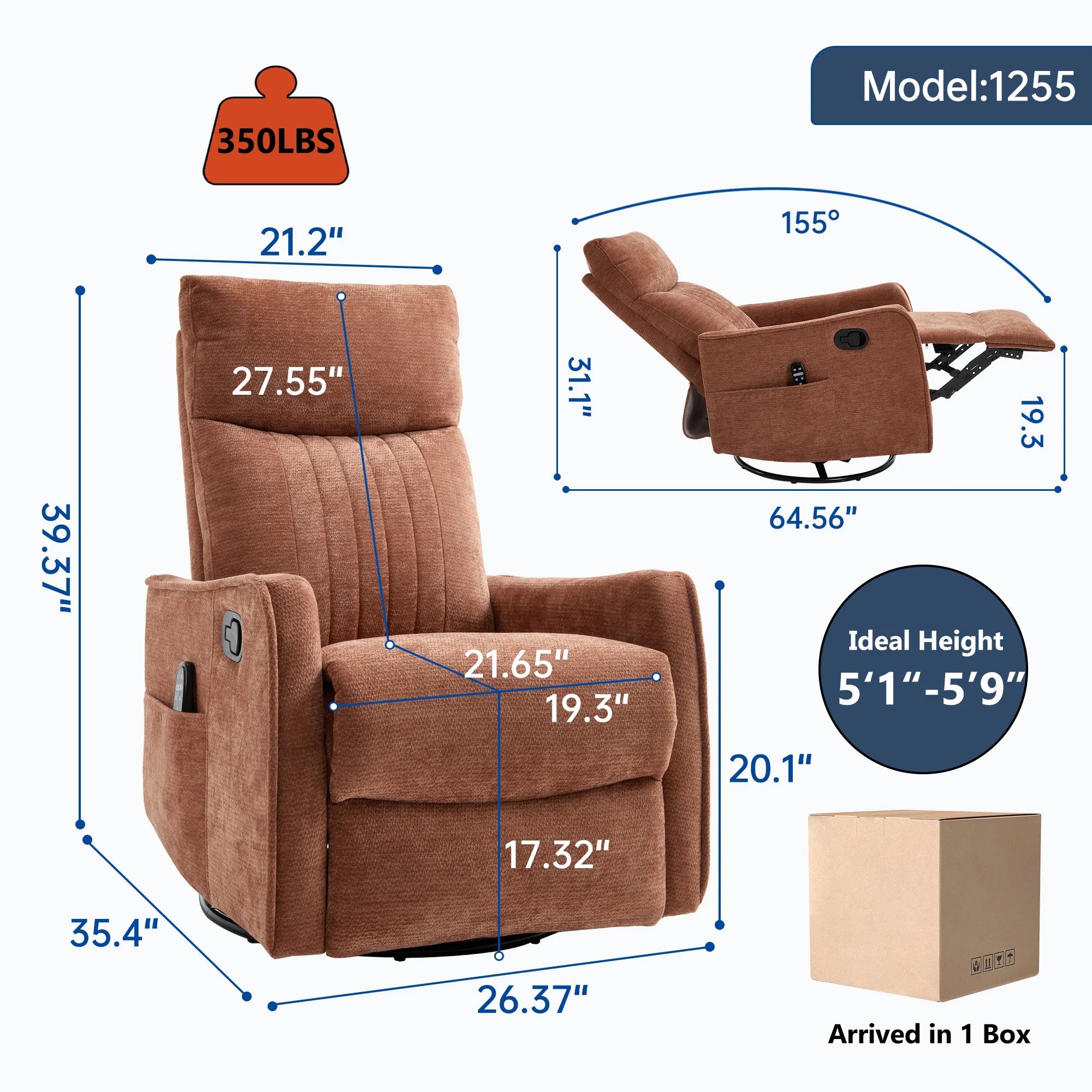 Swivel Rocker Recliner, Fabric 360°Swivel Rocking Chair with Massage and Heat, Glider Rocking Recliner for Nursery, Small Rocker Chair Manual Recliner for Home Theater Living Room, Orange