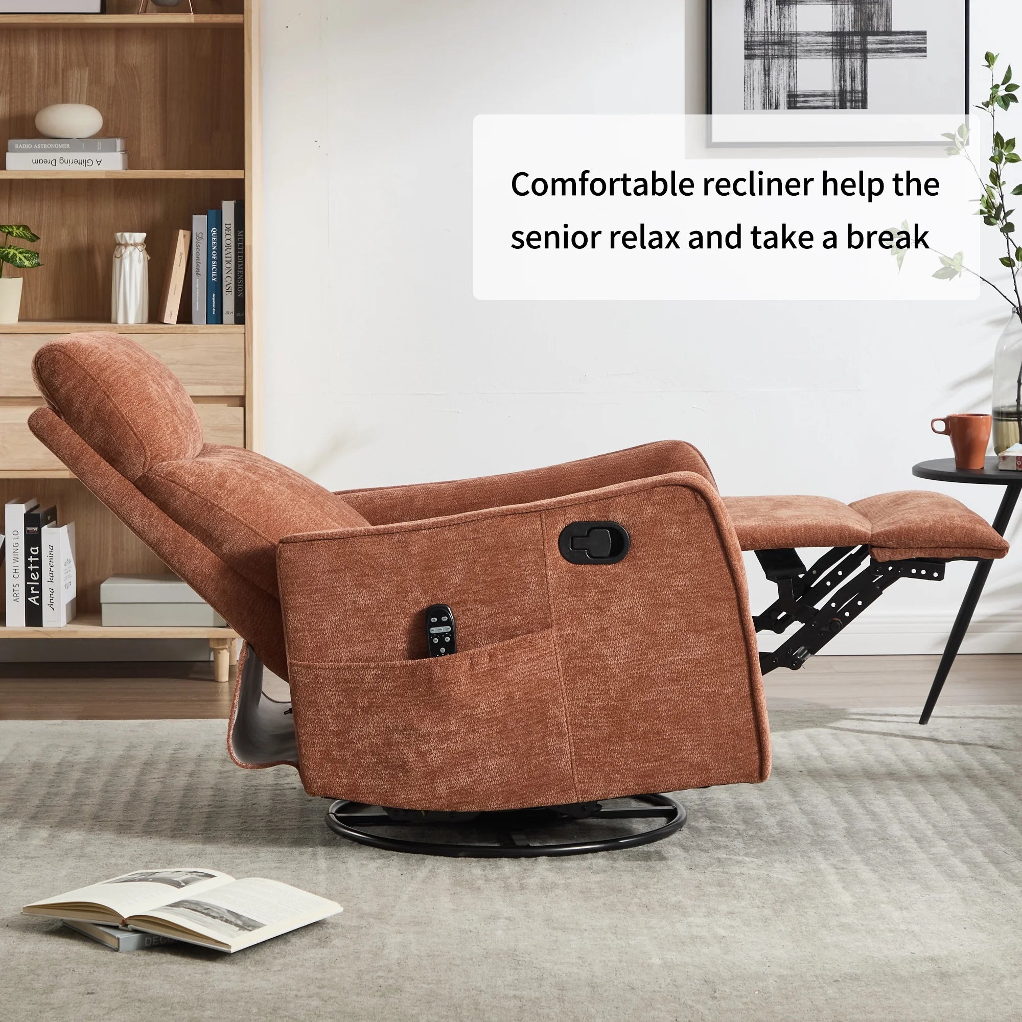 Swivel Rocker Recliner, Fabric 360°Swivel Rocking Chair with Massage and Heat, Glider Rocking Recliner for Nursery, Small Rocker Chair Manual Recliner for Home Theater Living Room, Orange