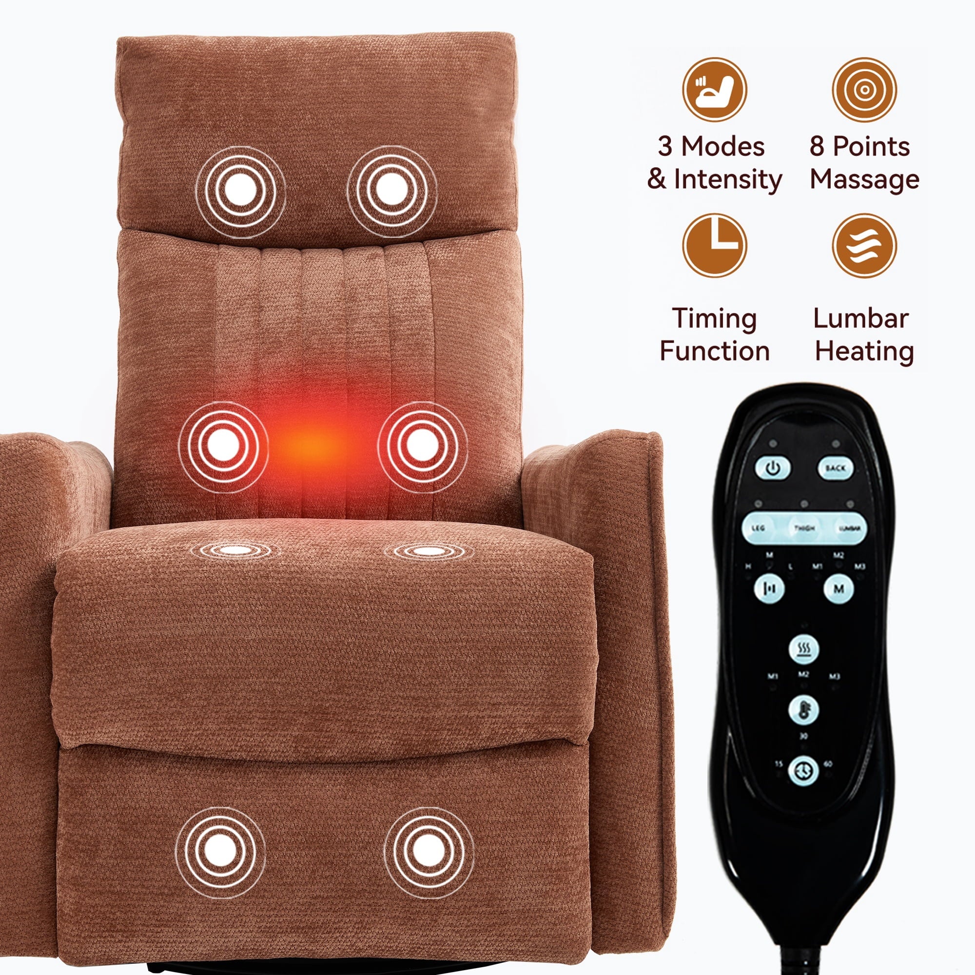 Swivel Rocker Recliner, Fabric 360°Swivel Rocking Chair with Massage and Heat, Glider Rocking Recliner for Nursery, Small Rocker Chair Manual Recliner for Home Theater Living Room, Orange