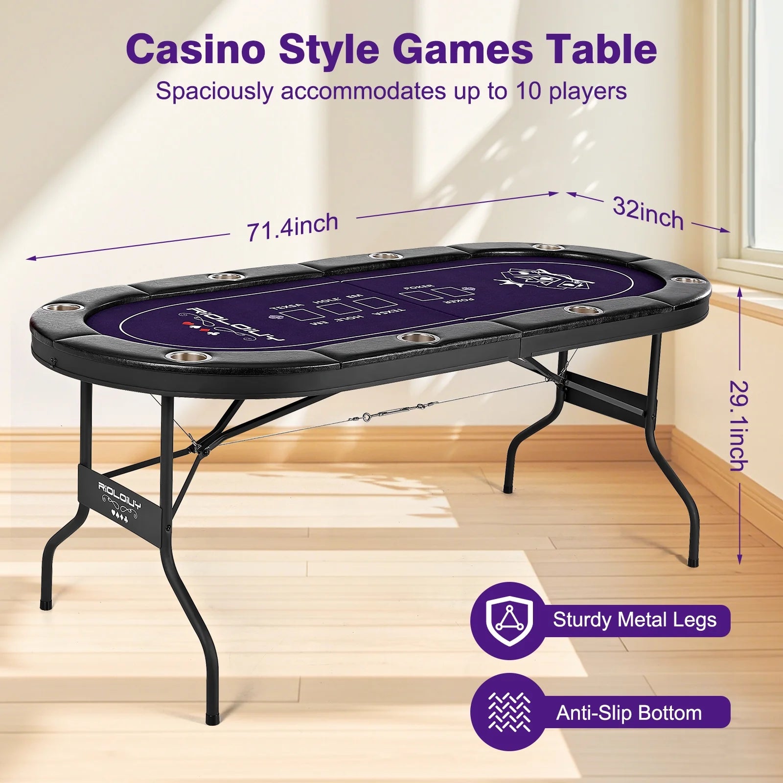 8 Player Poker Table Foldable, Casino Grade Felt, Padded Rails and Cup Holders, Portable Poker Table for Texas Holdem Poker and Blackjack, (71 In)