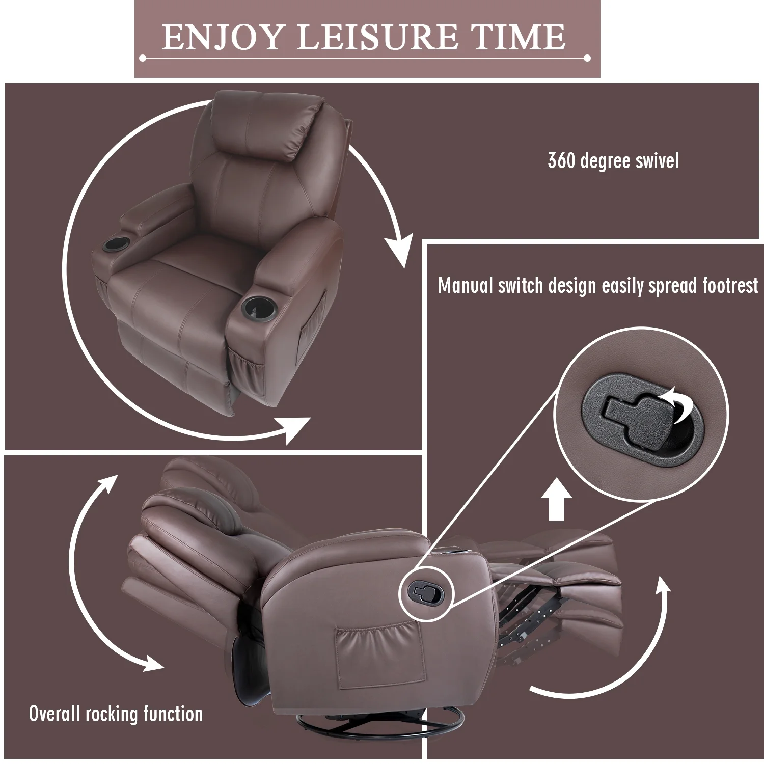 Swivel Rocking Recliner Chair Massage PU Leather 360 Swivel Rocker Recliner Living Room Chair Home Theater Seating,Pu Leather Brown