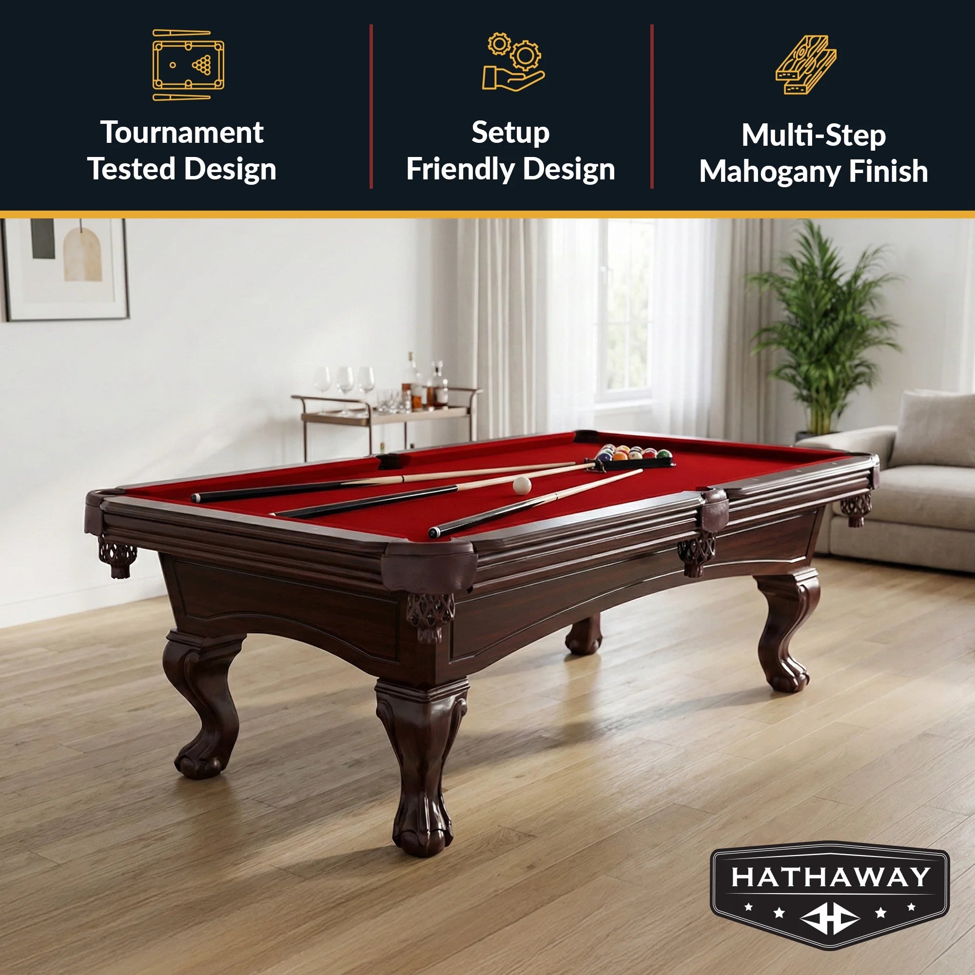 Augusta 8-Ft Pool Table - Mahogany Finish with Red Felt