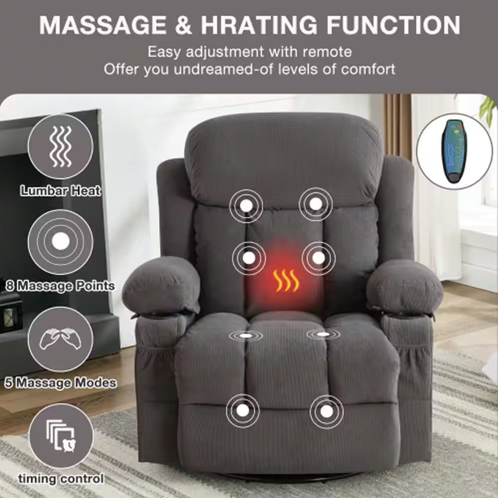 Dark Gray Velvet Recliners Massage Heated Reclining for Elderly with USB and 2-Cup Holders