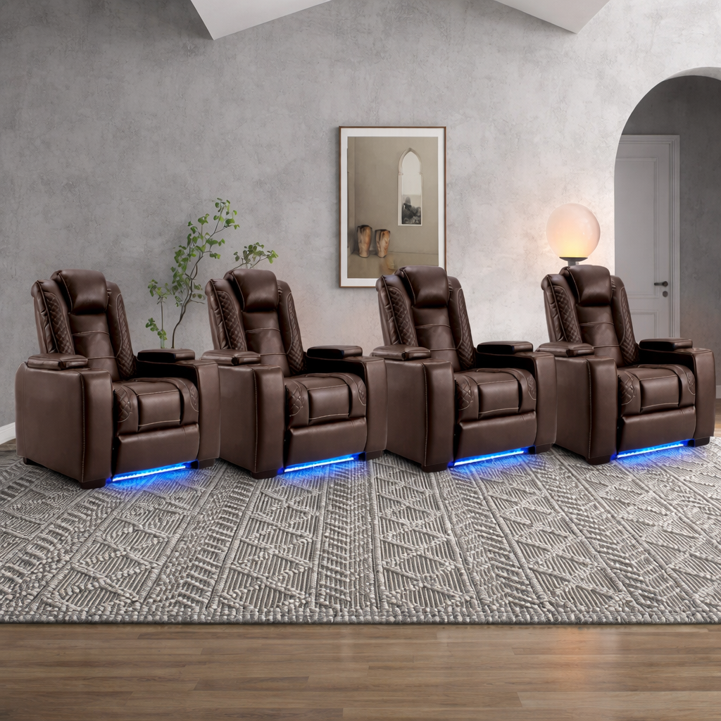 Valdur Adjustable Headrest Power Recliner Man Cave Home Theater Chair with Cup Holders USB LED (Set of 4)