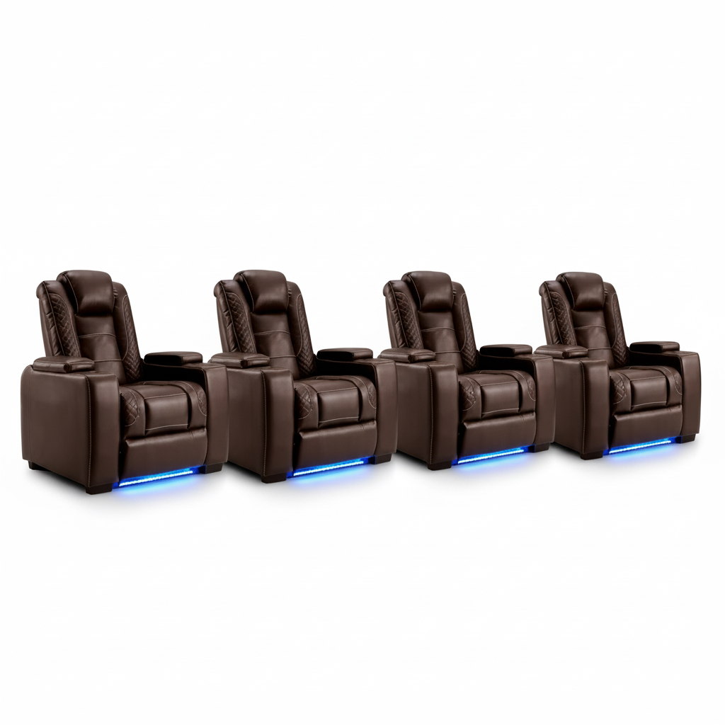 Valdur Adjustable Headrest Power Recliner Man Cave Home Theater Chair with Cup Holders USB LED (Set of 4)