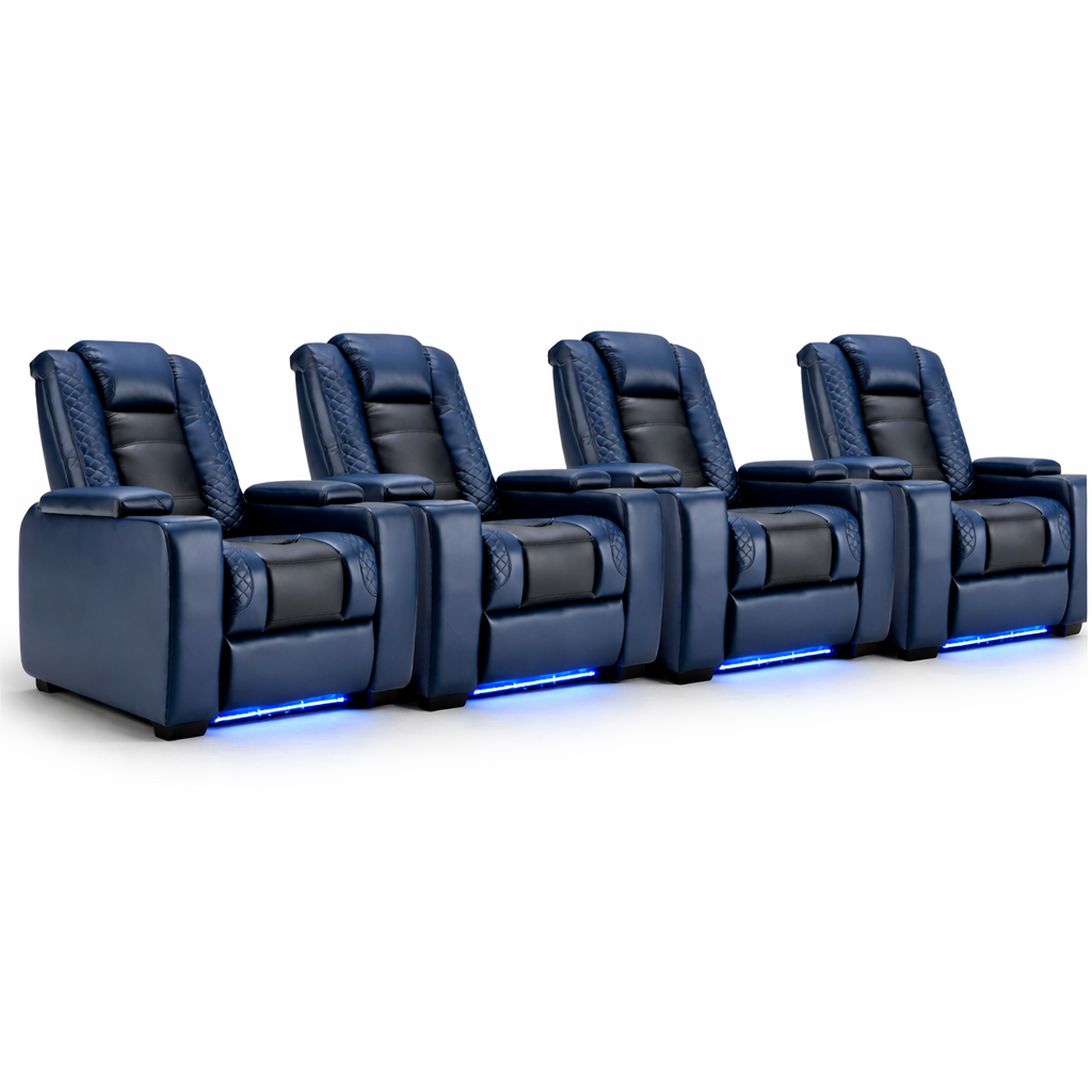 Valdur Adjustable Headrest Power Recliner Man Cave Home Theater Chair with Cup Holders USB LED (Set of 4)