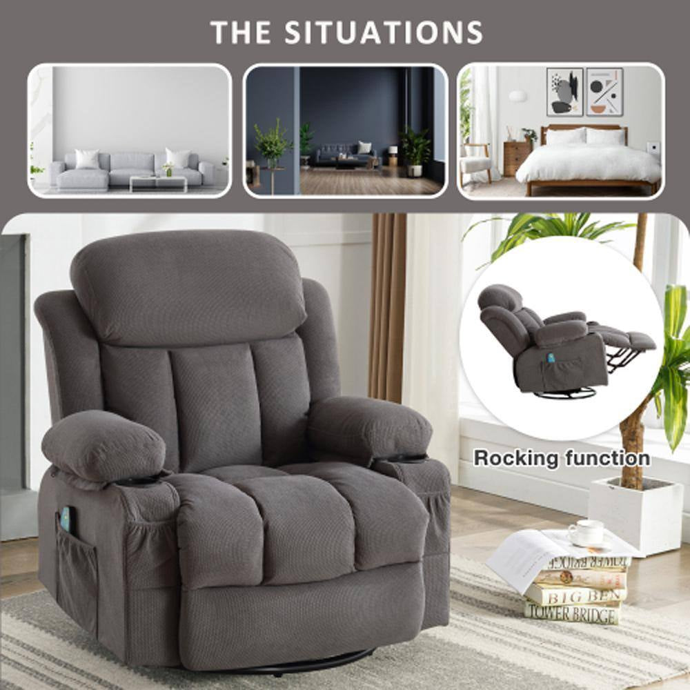 Dark Gray Velvet Recliners Massage Heated Reclining for Elderly with USB and 2-Cup Holders