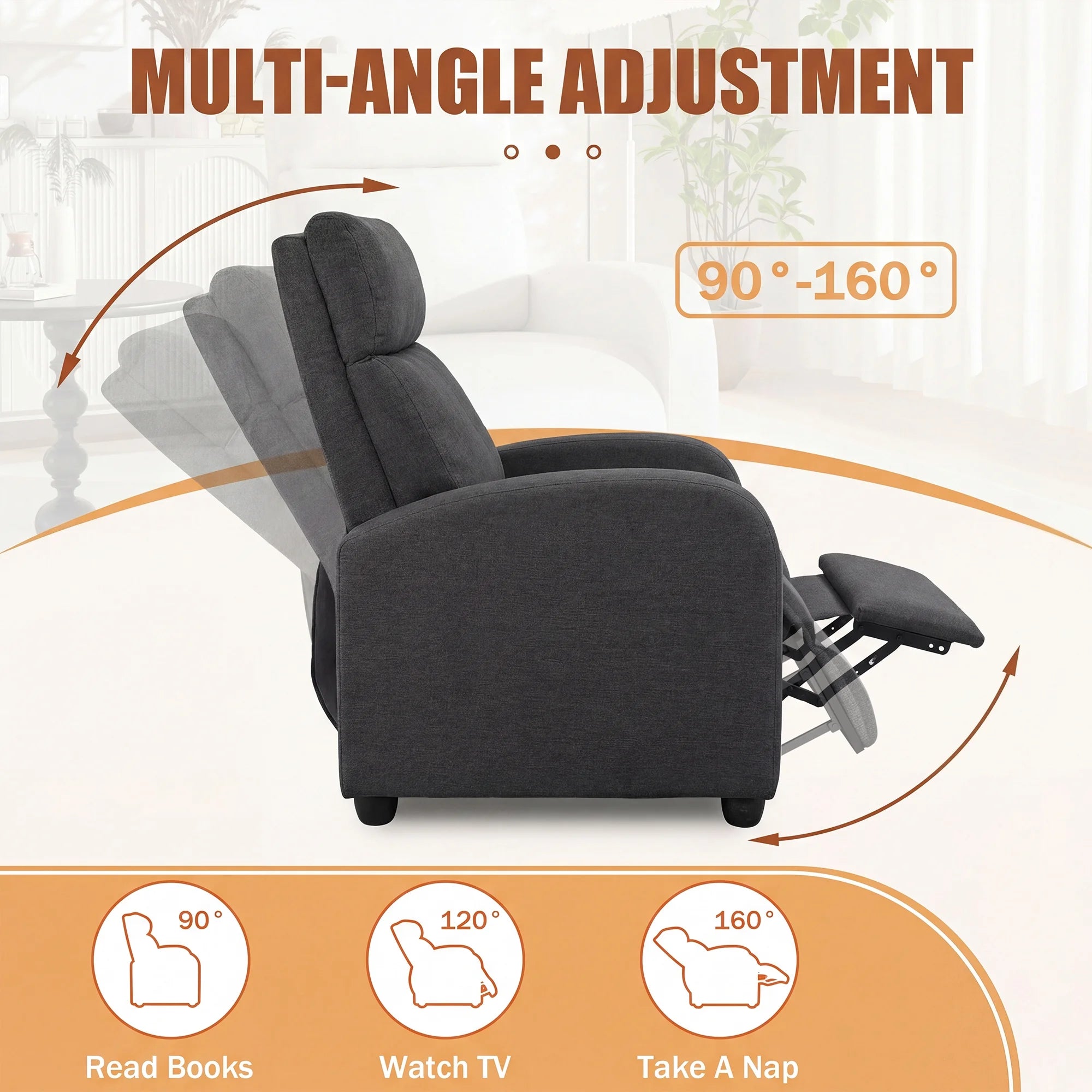 Recliner Chair Fabric Single Sofa Home Theater Recliners with Lumbar Support for Living Room,Fabric Gray