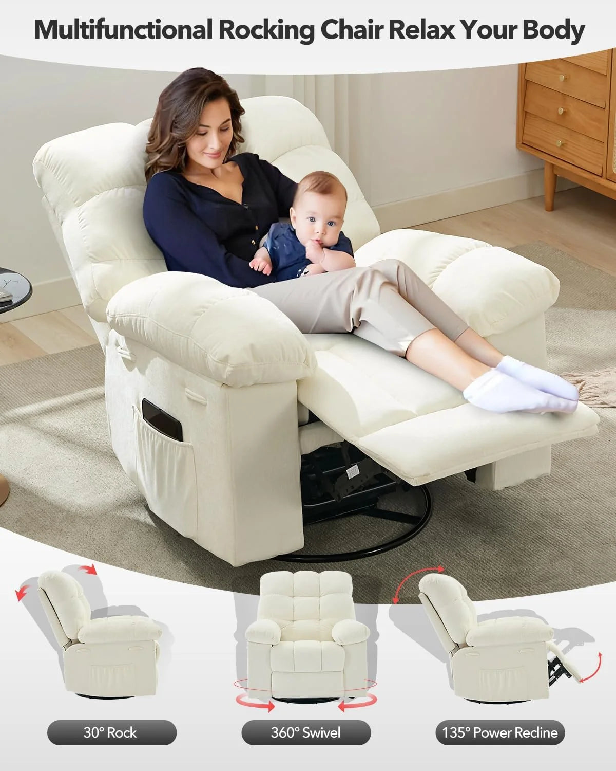 Swivel Accent Chair,360°Swivel Rocker Chair,Swivel Rocking Recliner Chair Comfortable Deep Seat for Relaxation,Upholstered Glider Nursery Chair for Living Room,Bedroom & Nursery