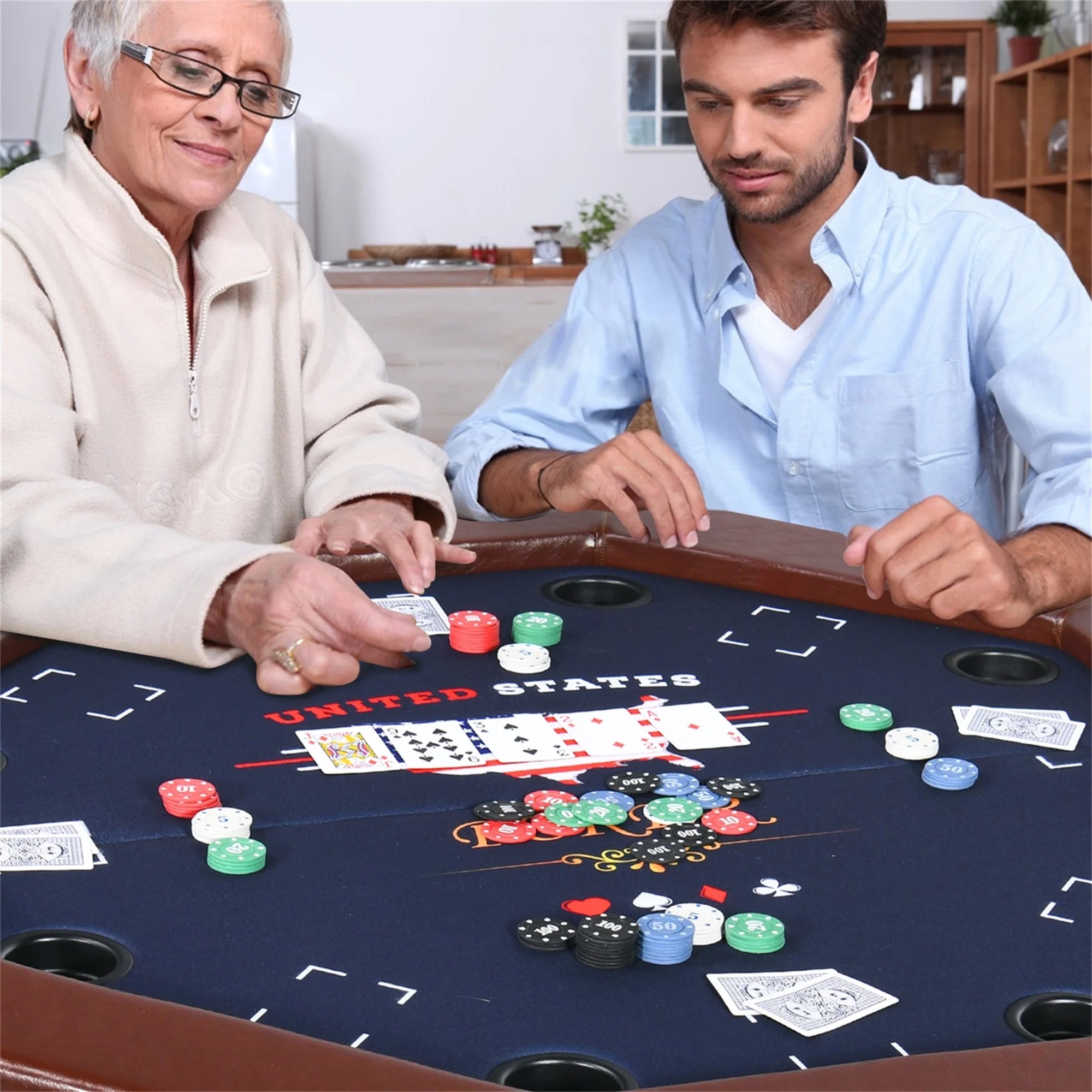 Raychee Poker Table Foldable, 8 Player Octagonal Texas Holdem Table W/Cushioned Rail, Stainless Steel Cup Holders, Casino-Grade Felt Surface (Brown)