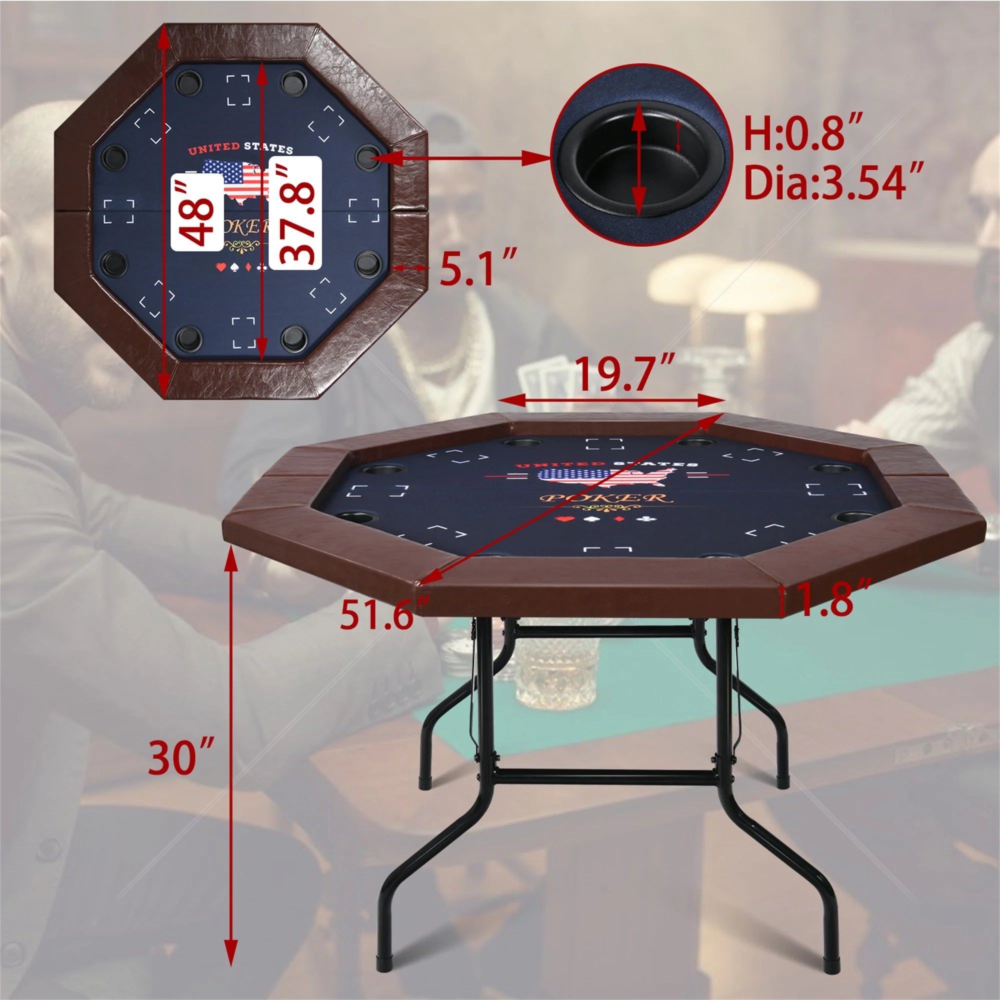 Raychee Poker Table Foldable, 8 Player Octagonal Texas Holdem Table W/Cushioned Rail, Stainless Steel Cup Holders, Casino-Grade Felt Surface (Brown)