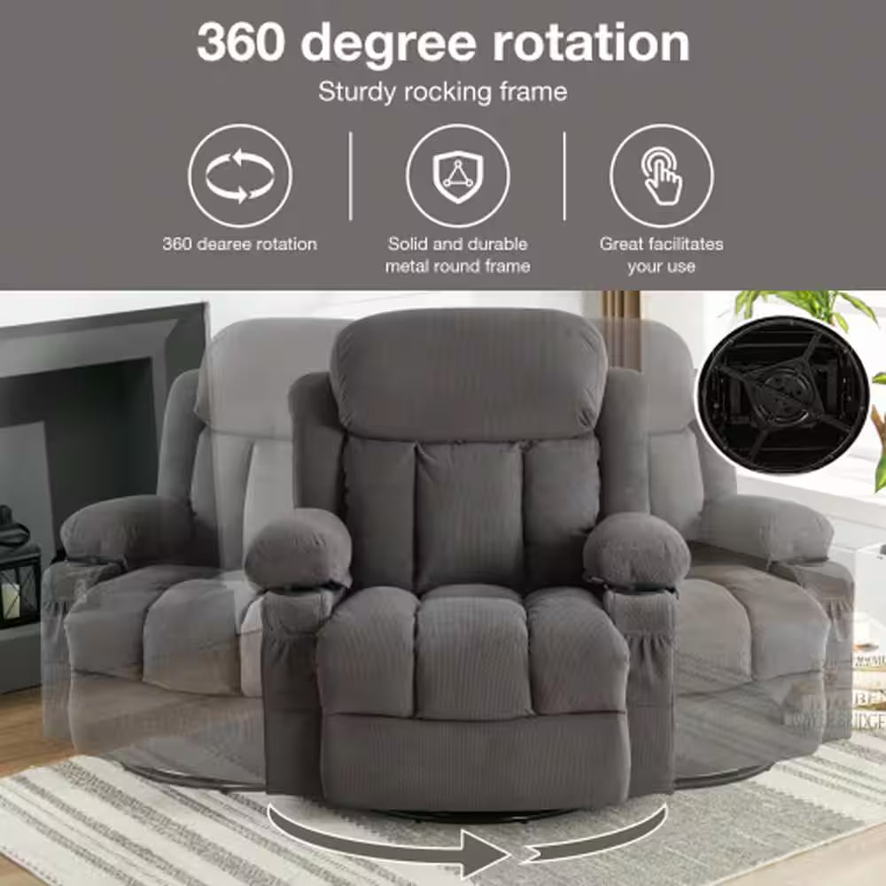 Dark Gray Velvet Recliners Massage Heated Reclining for Elderly with USB and 2-Cup Holders