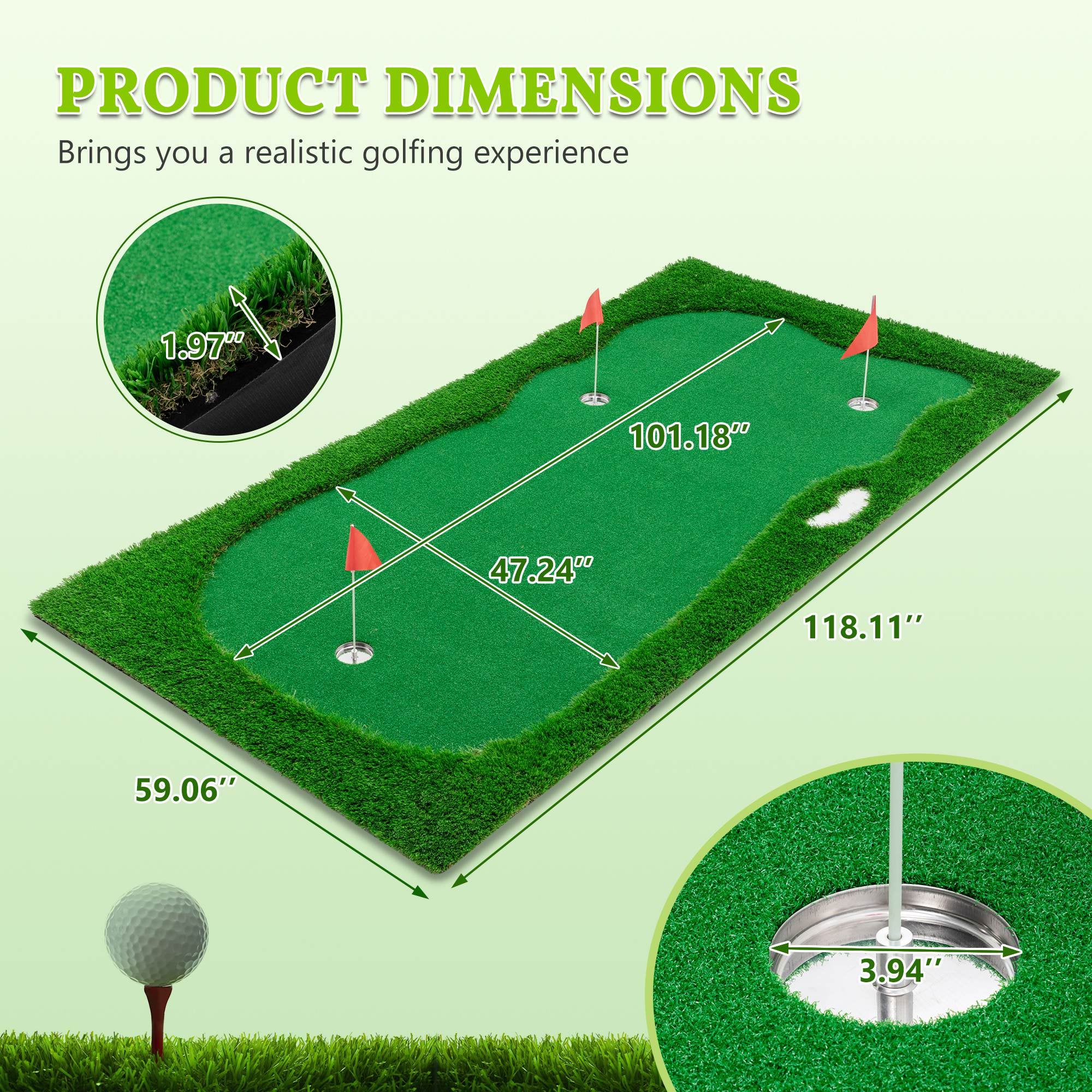 10X5 FT Golf Putting Green, Golf Training Mat with High-Quality Turf, 3 Holes, 3 Flags and Cups for Indoor Outdoor