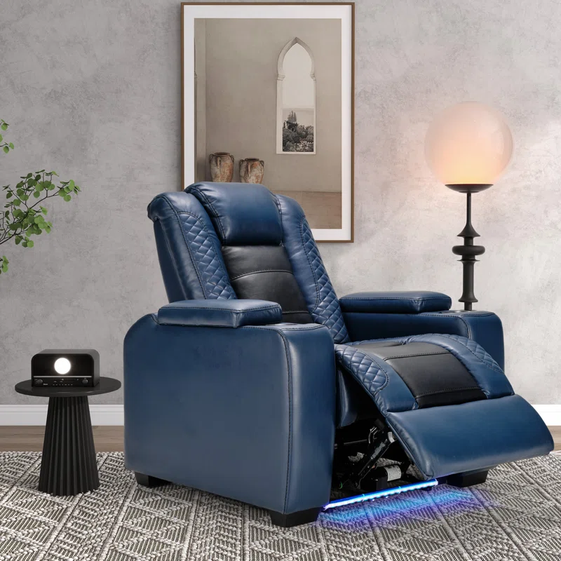 Valdur Adjustable Headrest Power Recliner Man Cave Home Theater Chair with Cup Holders USB LED (Set of 4)