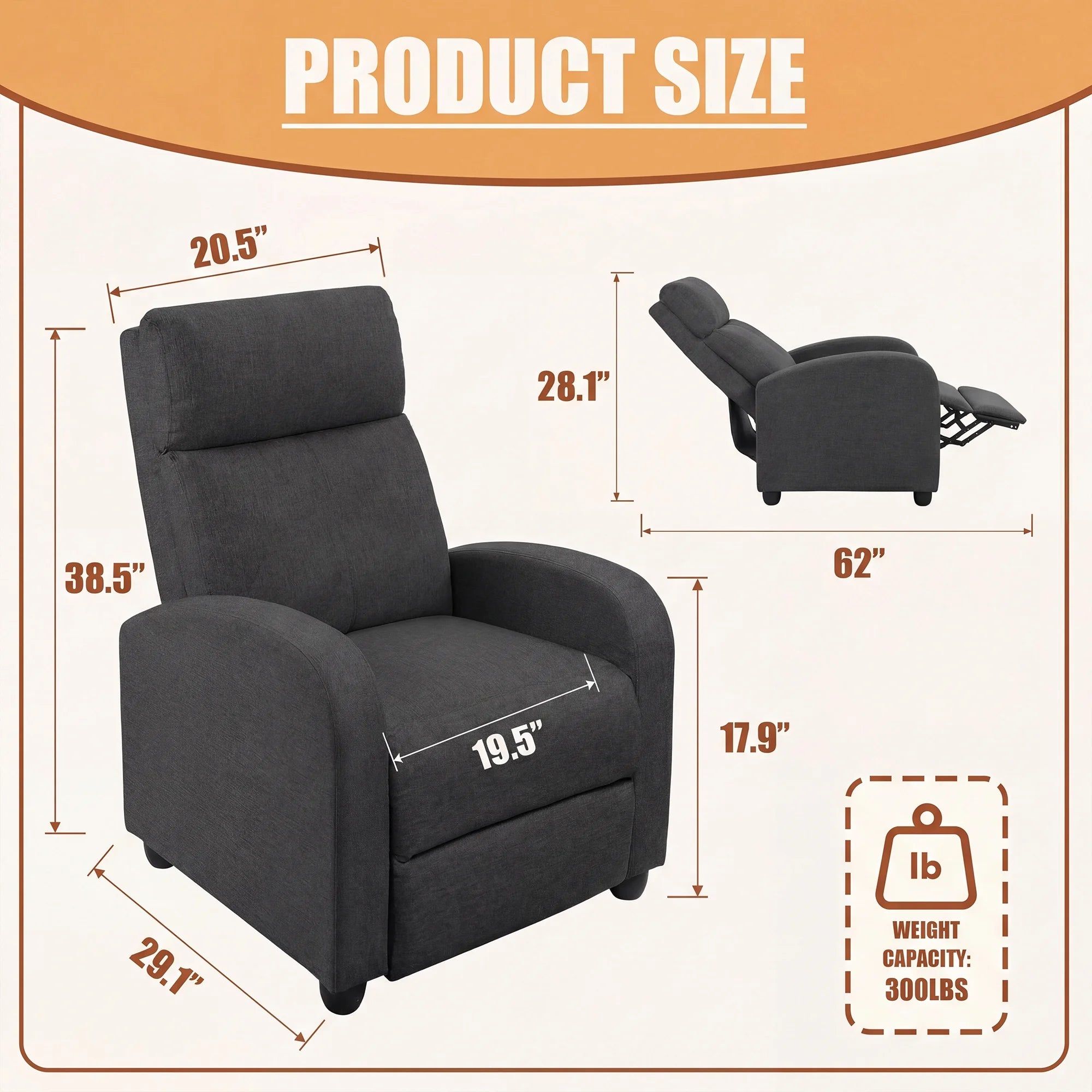 Recliner Chair Fabric Single Sofa Home Theater Recliners with Lumbar Support for Living Room,Fabric Gray