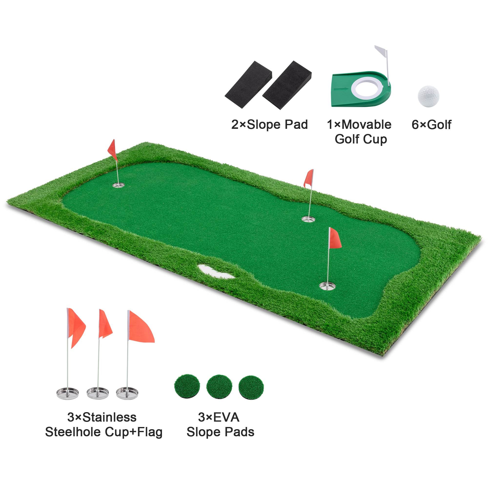 10X5 FT Golf Putting Green, Golf Training Mat with High-Quality Turf, 3 Holes, 3 Flags and Cups for Indoor Outdoor