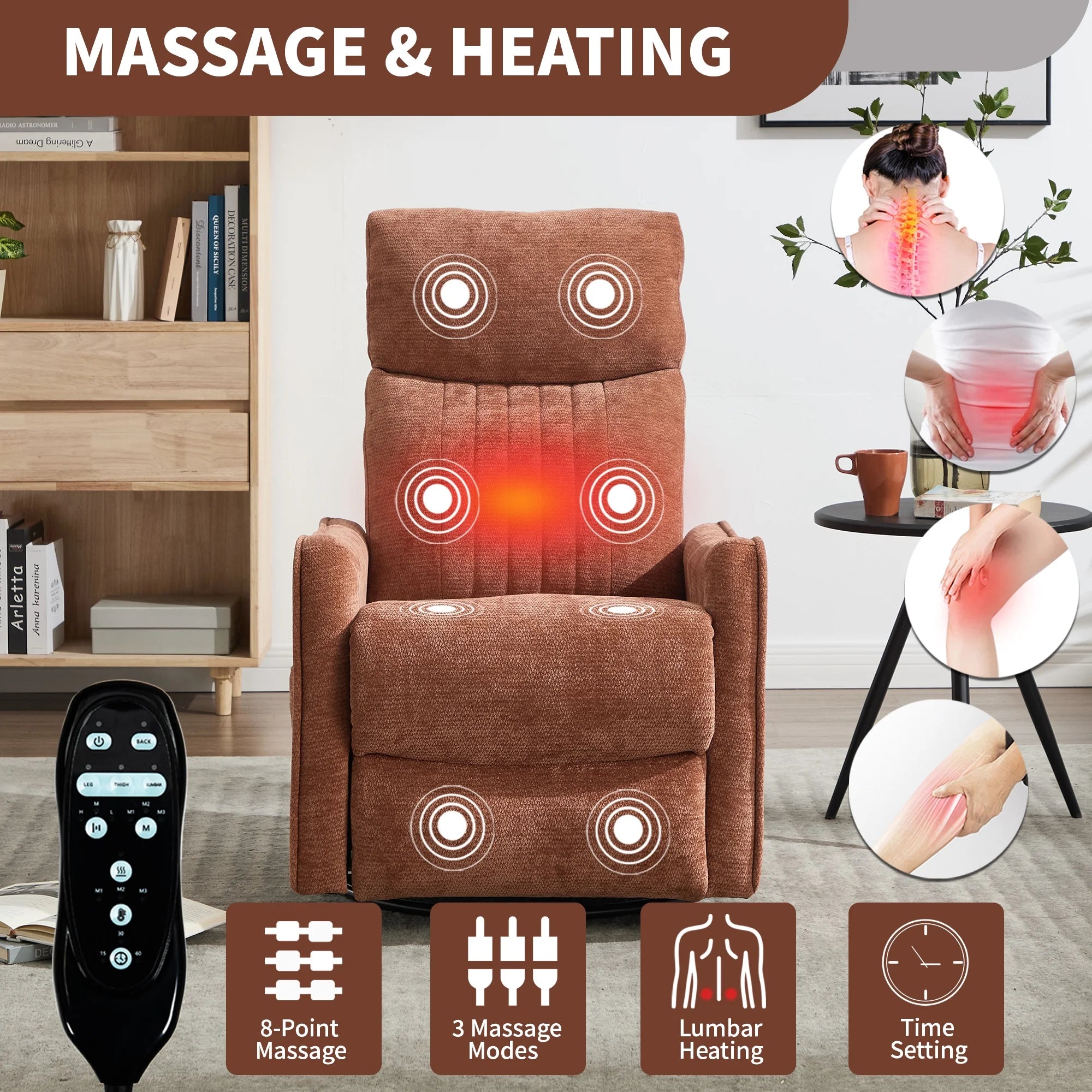Swivel Rocker Recliner, Fabric 360°Swivel Rocking Chair with Massage and Heat, Glider Rocking Recliner for Nursery, Small Rocker Chair Manual Recliner for Home Theater Living Room, Orange