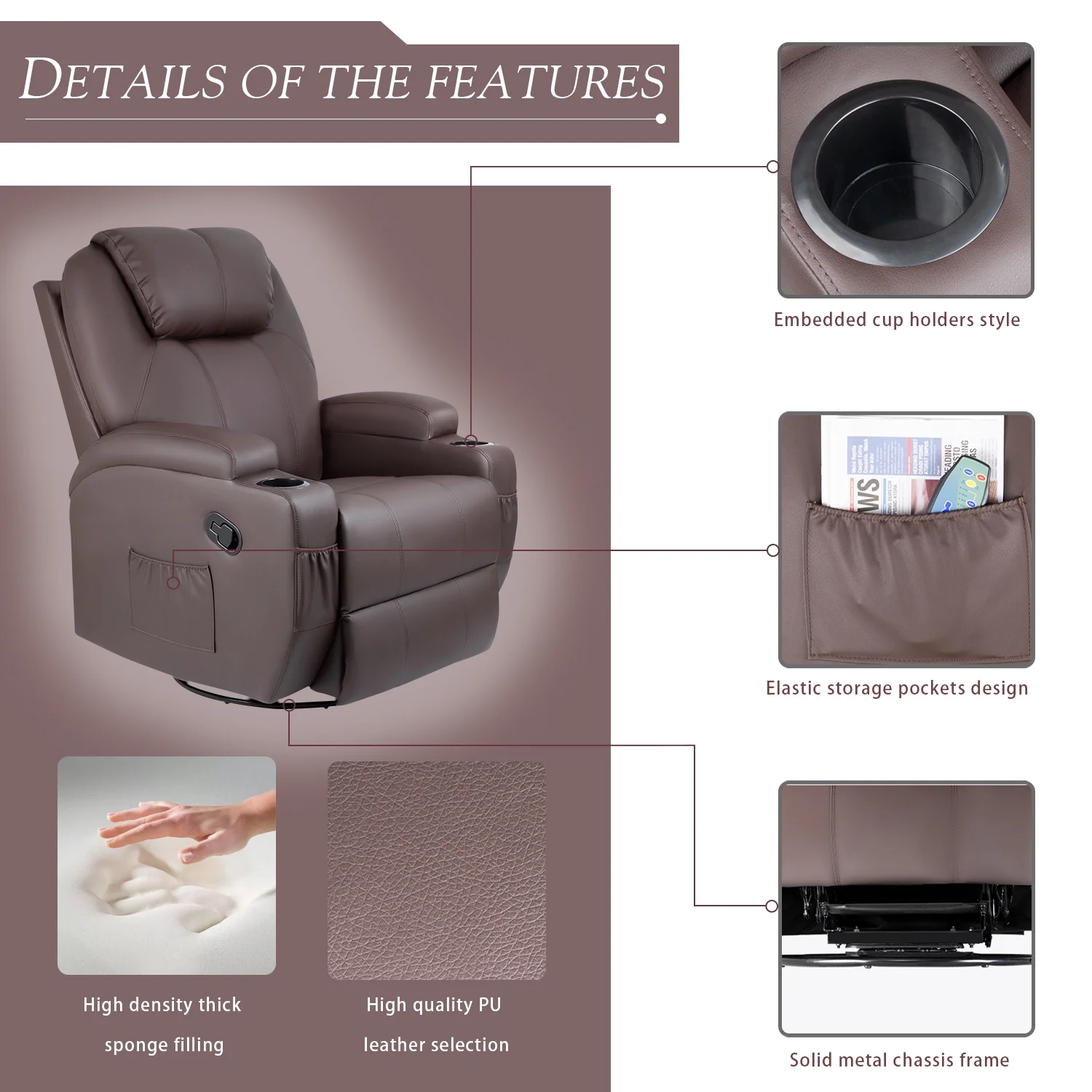 Swivel Rocking Recliner Chair Massage PU Leather 360 Swivel Rocker Recliner Living Room Chair Home Theater Seating,Pu Leather Brown