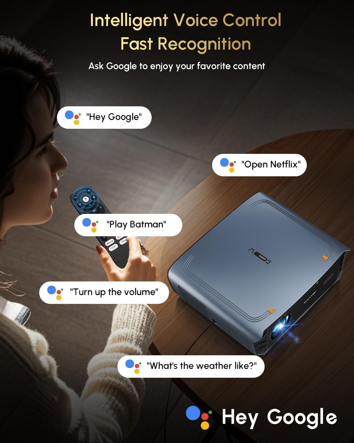 Smart 4K Projector【Officially Google TV | 2400 Ansi】Daytime Home Projectors with 3D Doiby Audio, Tof Autofocus, Shorter Throw, HDMI ARC NFC Wifi6 Bluetooth, 100%–30% Zoom Outdoor Movie Projector
