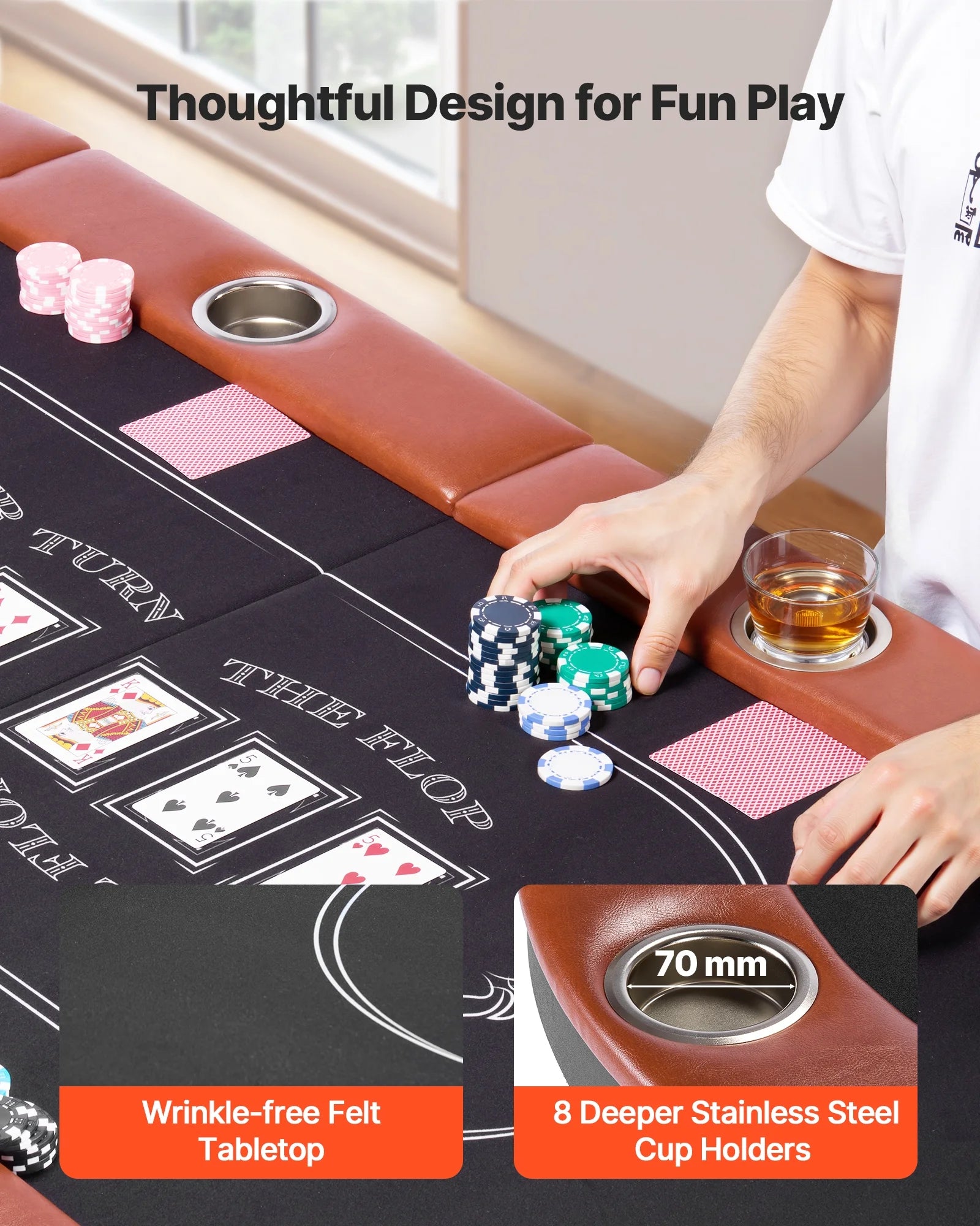 Foldable Poker Table, 8 Player 72 in Folding Casino Leisure Table with Padded Rails and Cup Holders, Oval Portable Game Tables with Felt & Metal Legs, for Texas Holdeem Game and Blackjack