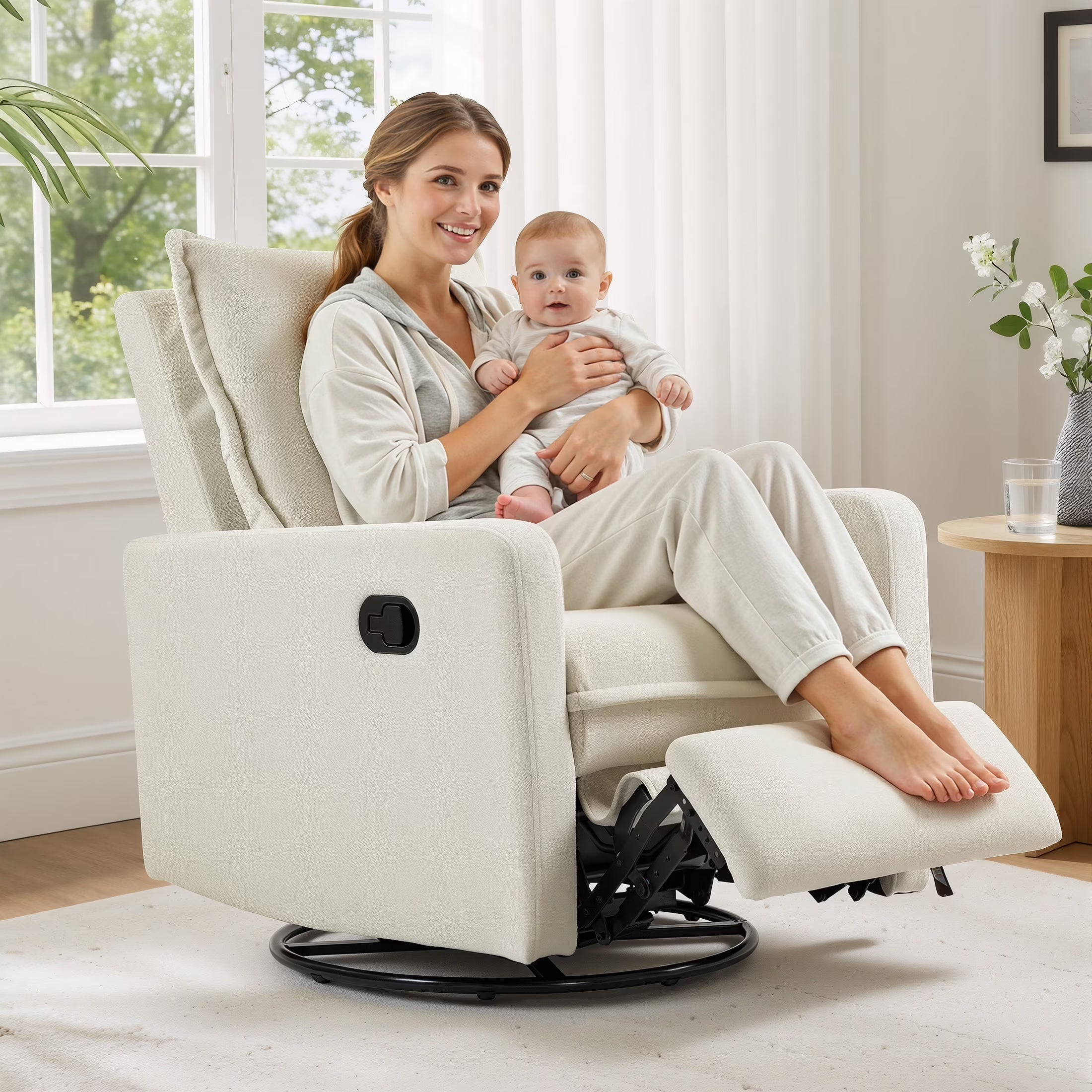 360° Swivel Rocker Recliner for Adults, Small Rocking Recliner for Small Spaces, Glider Recliner for Nursery, Rocking Chair , Manual Recliner Chair for Living Room, Bedroom, White