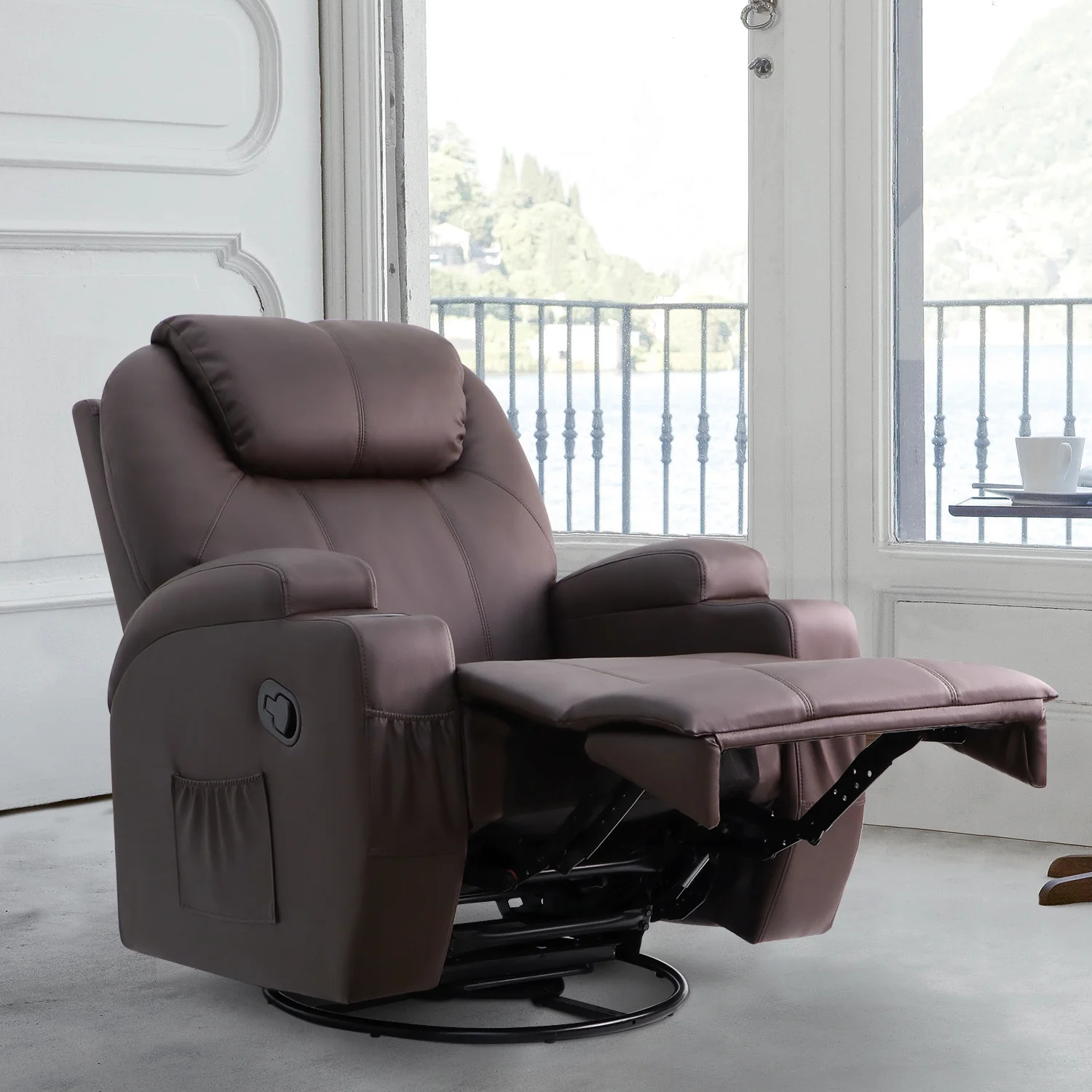 Swivel Rocking Recliner Chair Massage PU Leather 360 Swivel Rocker Recliner Living Room Chair Home Theater Seating,Pu Leather Brown