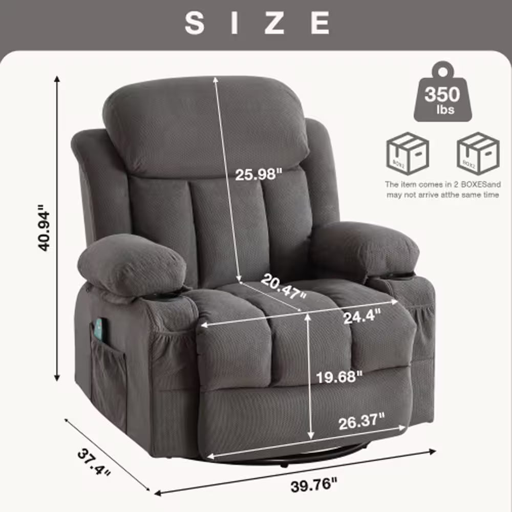 Dark Gray Velvet Recliners Massage Heated Reclining for Elderly with USB and 2-Cup Holders