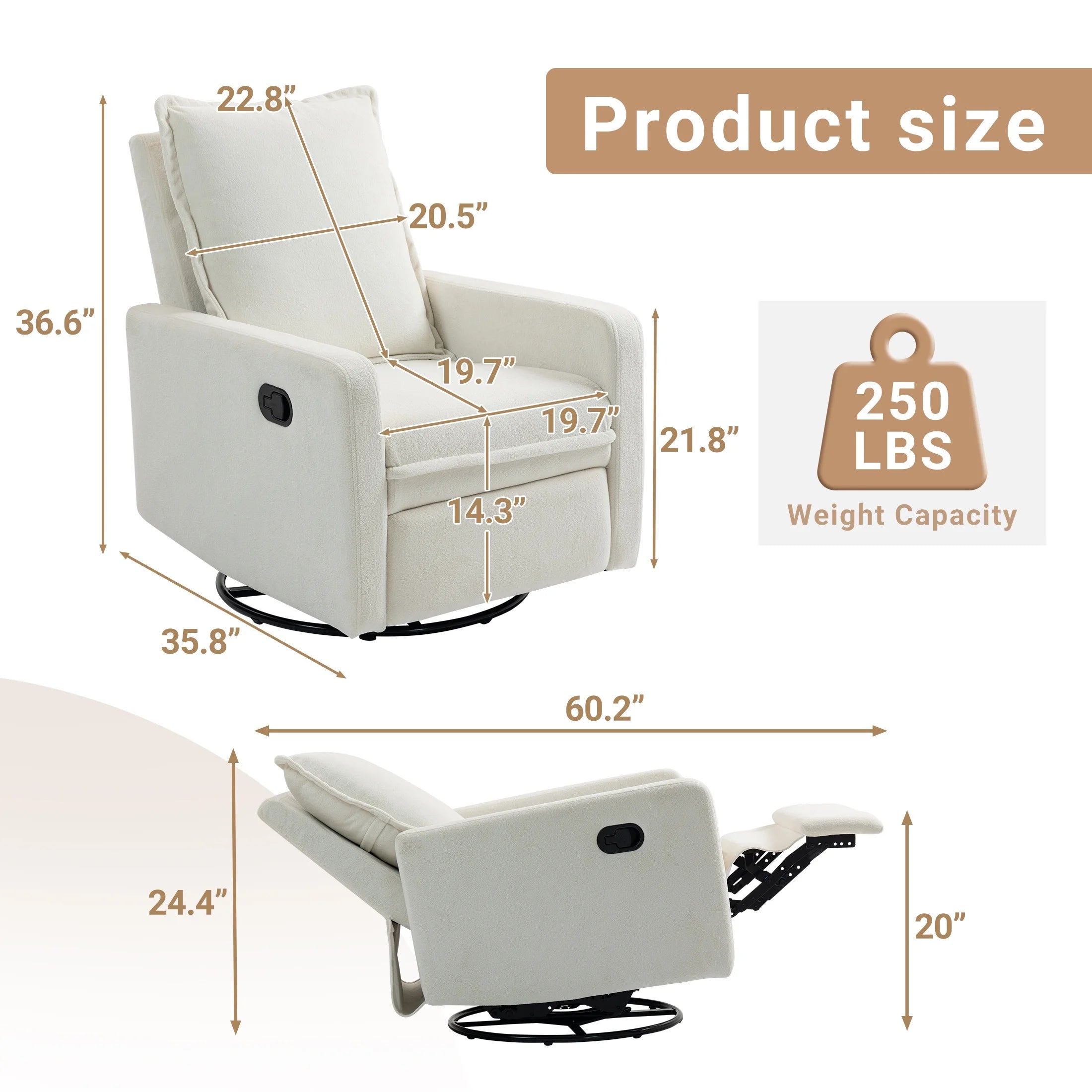 360° Swivel Rocker Recliner for Adults, Small Rocking Recliner for Small Spaces, Glider Recliner for Nursery, Rocking Chair , Manual Recliner Chair for Living Room, Bedroom, White