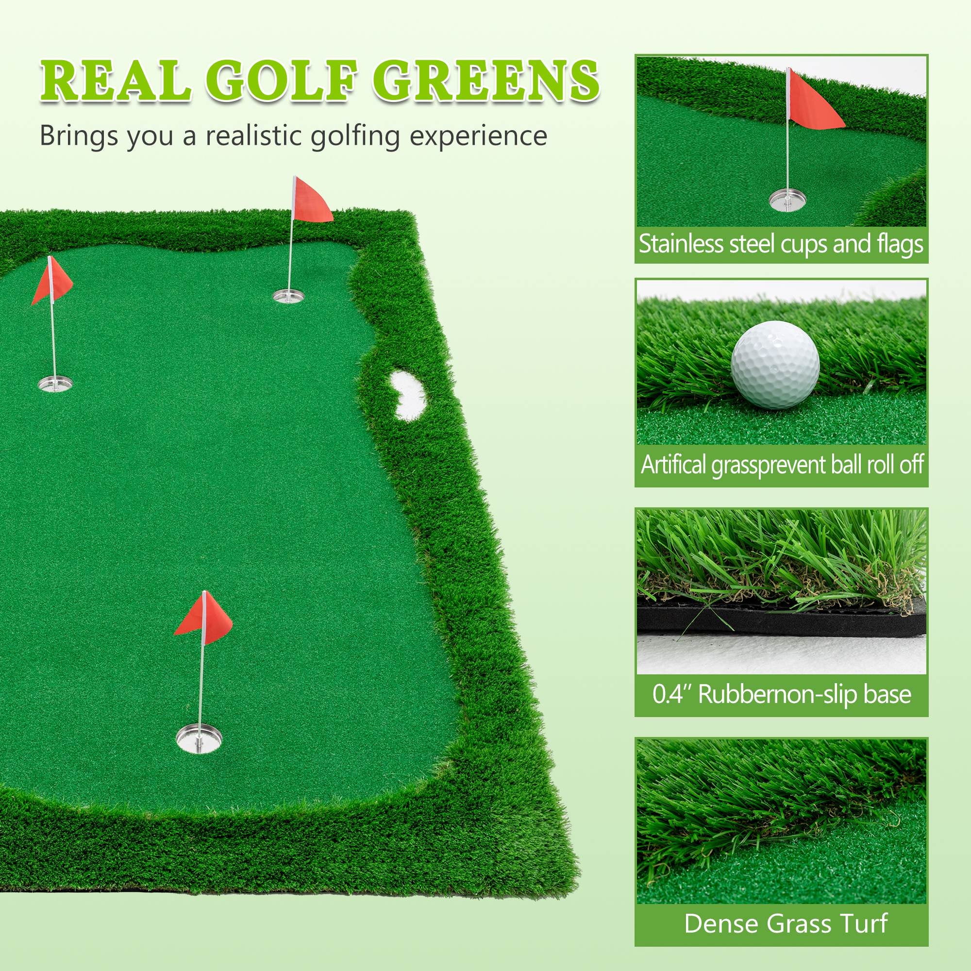 10X5 FT Golf Putting Green, Golf Training Mat with High-Quality Turf, 3 Holes, 3 Flags and Cups for Indoor Outdoor
