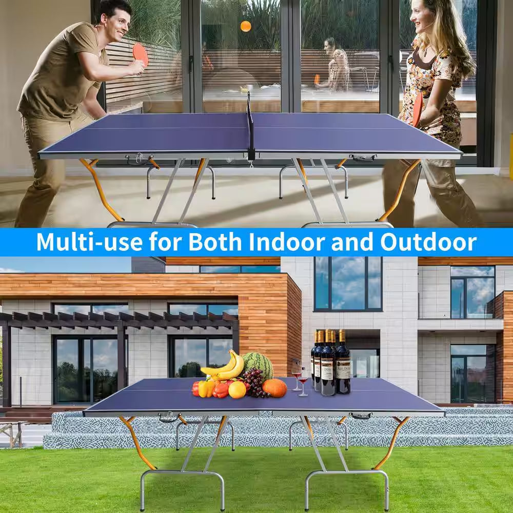 8 Ft. Mid-Size Foldable Table Tennis Table Ping Pong Table Set with Net, 2 Paddles and 3 Balls for Indoor Outdoor