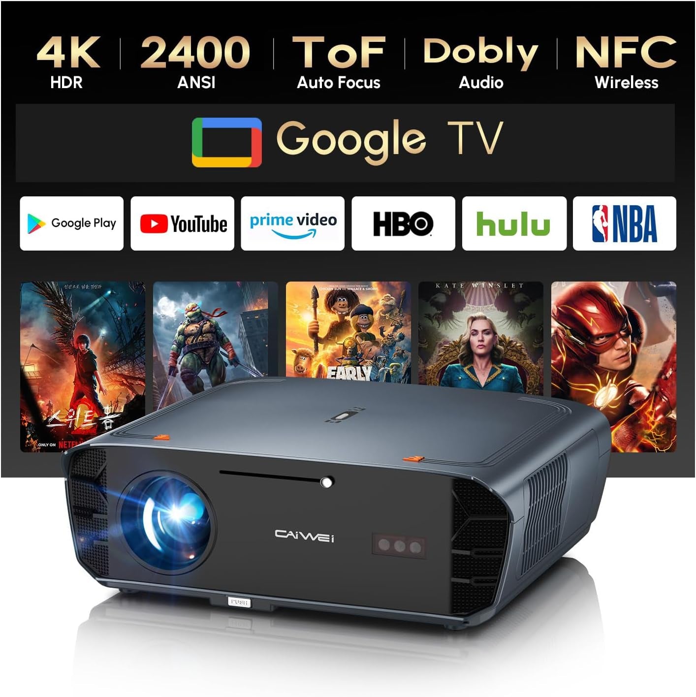 Smart 4K Projector【Officially Google TV | 2400 Ansi】Daytime Home Projectors with 3D Doiby Audio, Tof Autofocus, Shorter Throw, HDMI ARC NFC Wifi6 Bluetooth, 100%–30% Zoom Outdoor Movie Projector