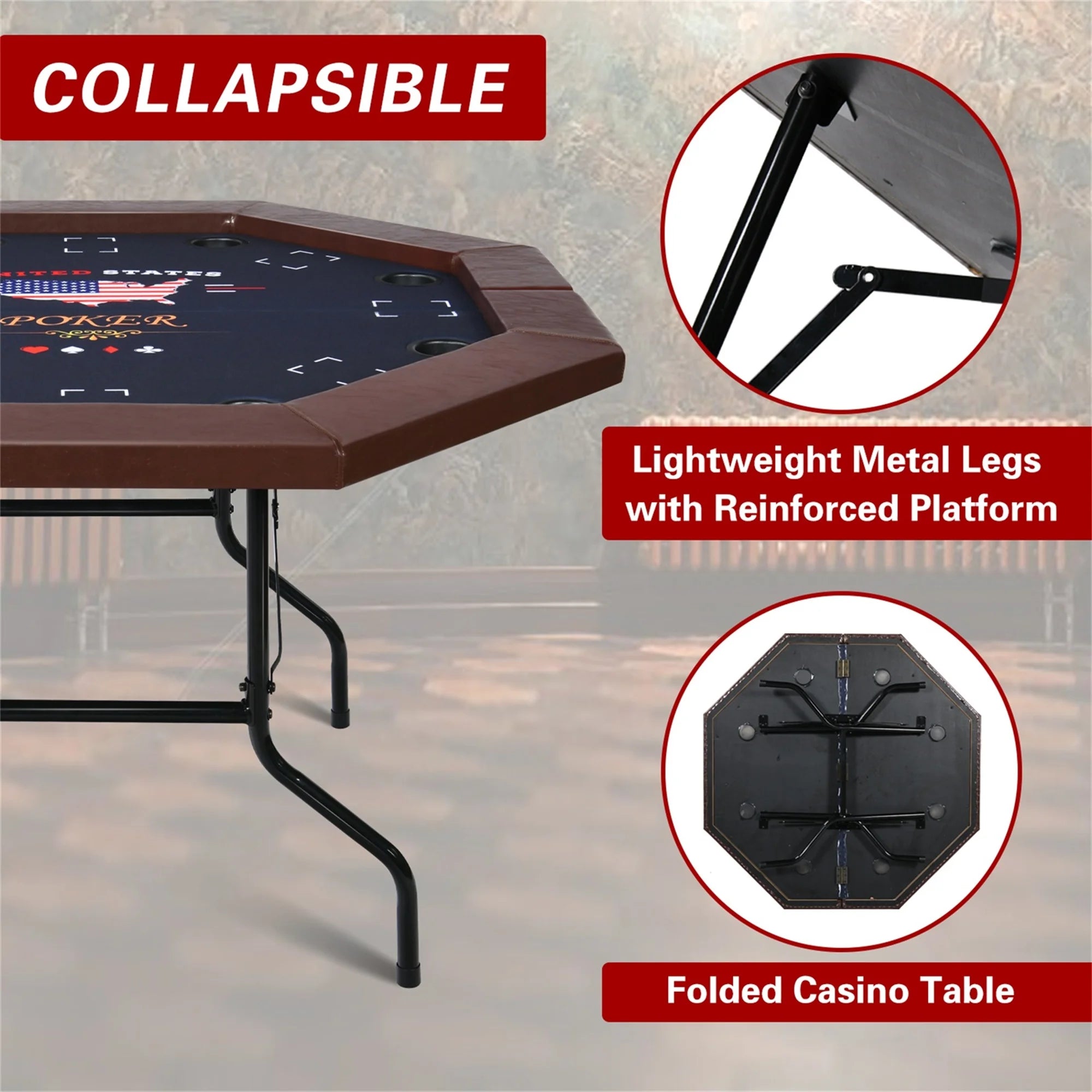 Raychee Poker Table Foldable, 8 Player Octagonal Texas Holdem Table W/Cushioned Rail, Stainless Steel Cup Holders, Casino-Grade Felt Surface (Brown)