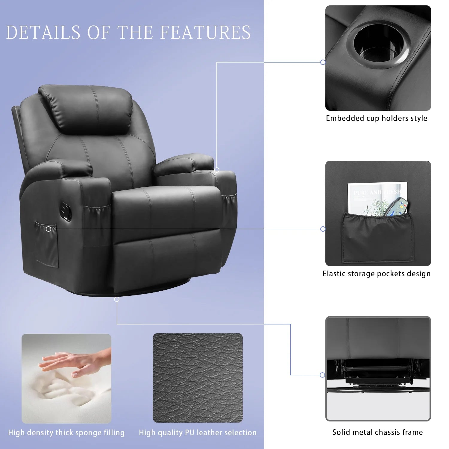 Swivel Rocking Recliner Chair Massage PU Leather 360 Swivel Rocker Recliner Living Room Chair Home Theater Seating ,Pu Leather Black