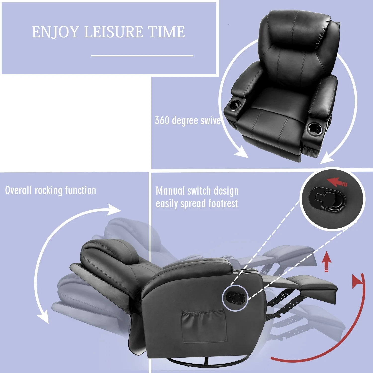 Swivel Rocking Recliner Chair Massage PU Leather 360 Swivel Rocker Recliner Living Room Chair Home Theater Seating ,Pu Leather Black