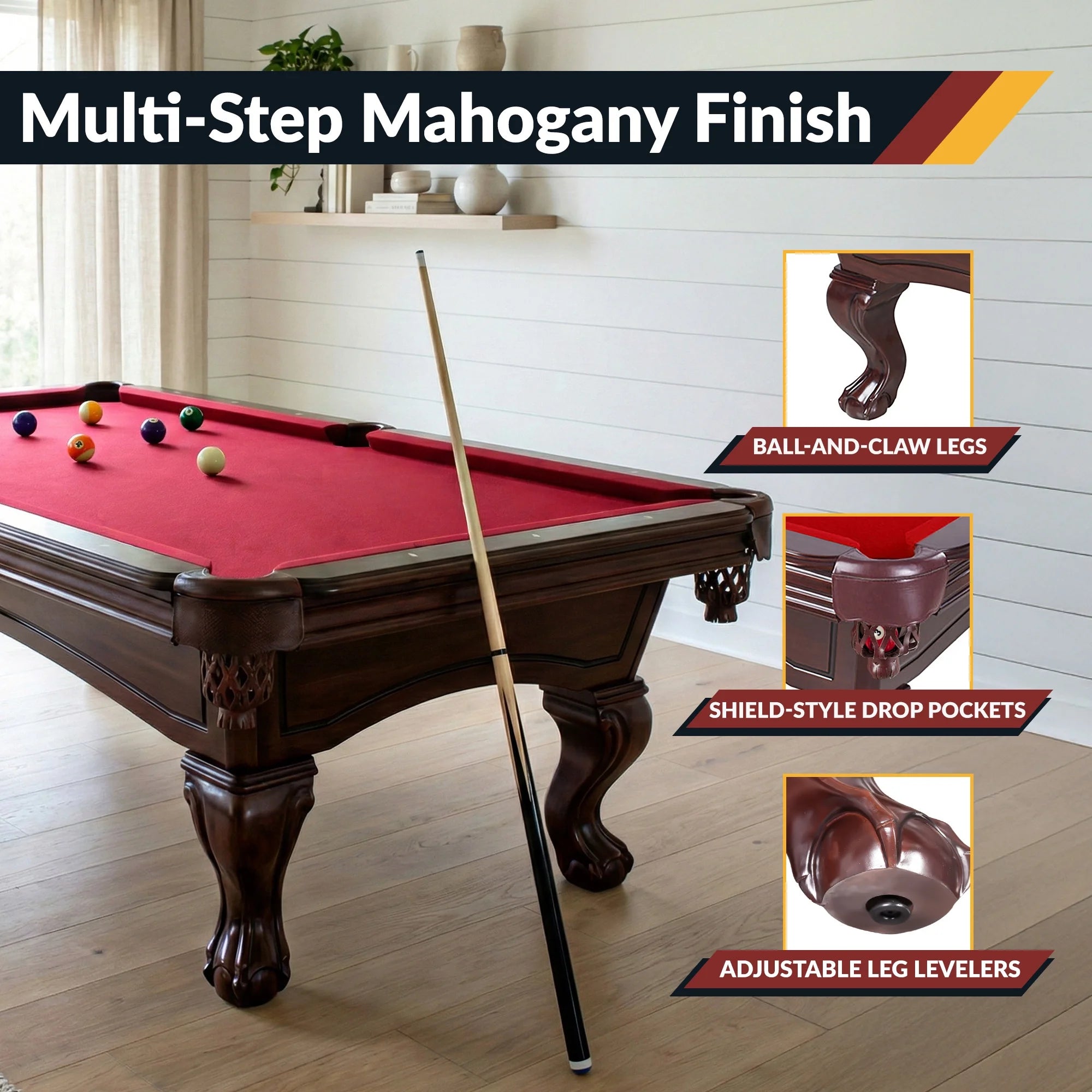 Augusta 8-Ft Pool Table - Mahogany Finish with Red Felt