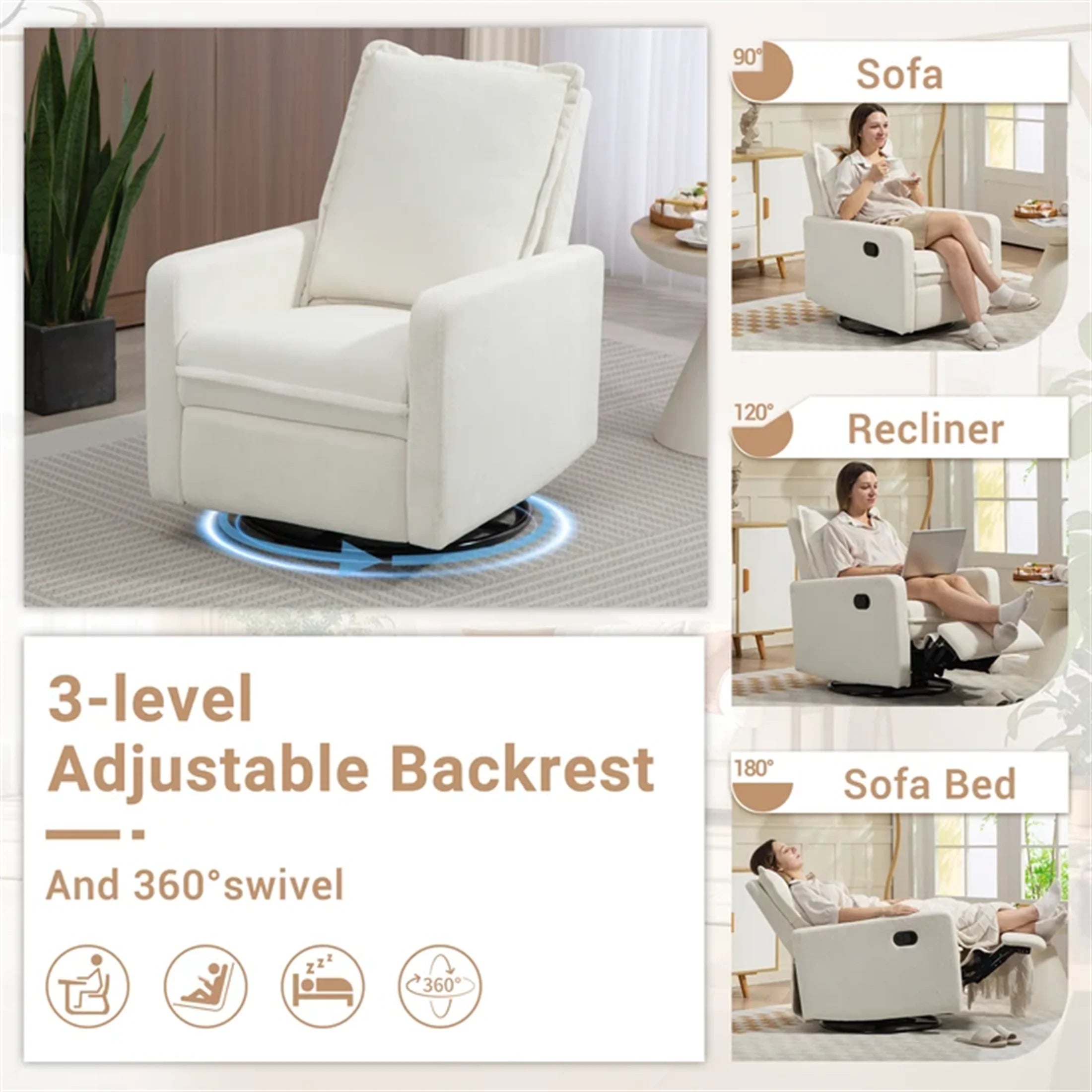 360° Swivel Rocker Recliner for Adults, Small Rocking Recliner for Small Spaces, Glider Recliner for Nursery, Rocking Chair , Manual Recliner Chair for Living Room, Bedroom, White