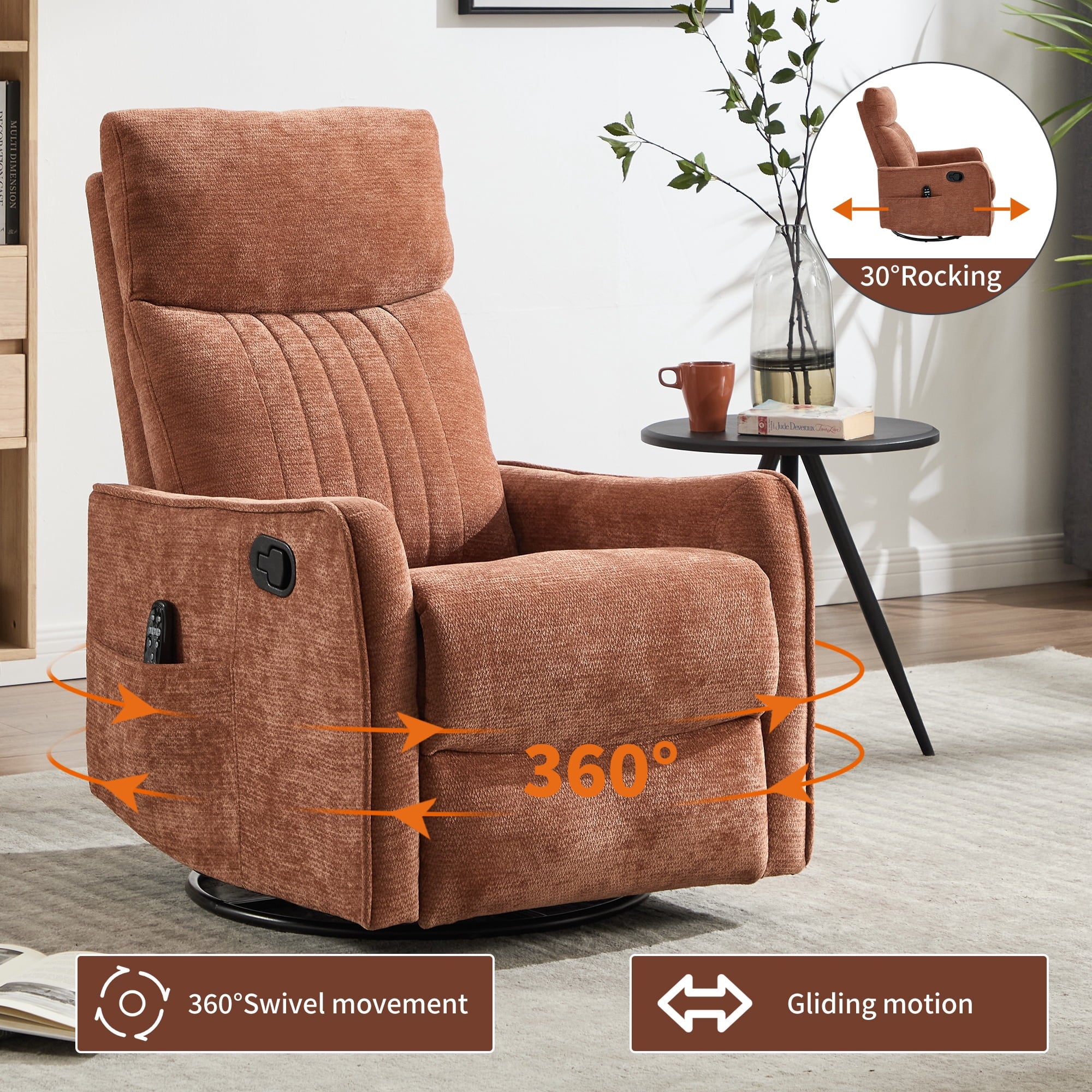 Swivel Rocker Recliner, Fabric 360°Swivel Rocking Chair with Massage and Heat, Glider Rocking Recliner for Nursery, Small Rocker Chair Manual Recliner for Home Theater Living Room, Orange
