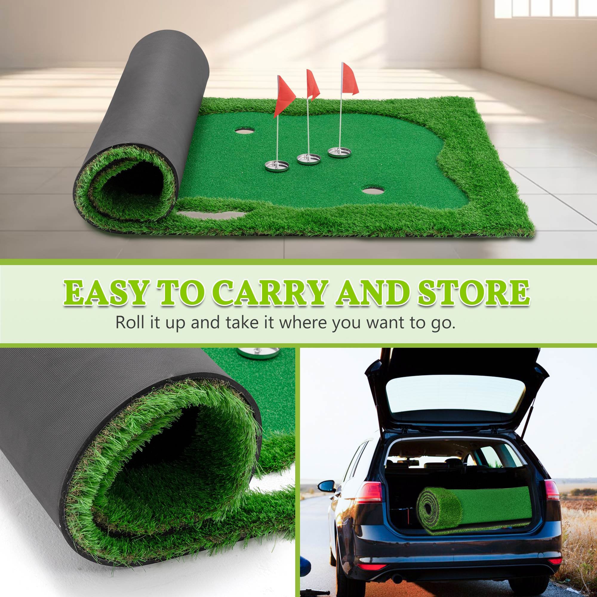 10X5 FT Golf Putting Green, Golf Training Mat with High-Quality Turf, 3 Holes, 3 Flags and Cups for Indoor Outdoor