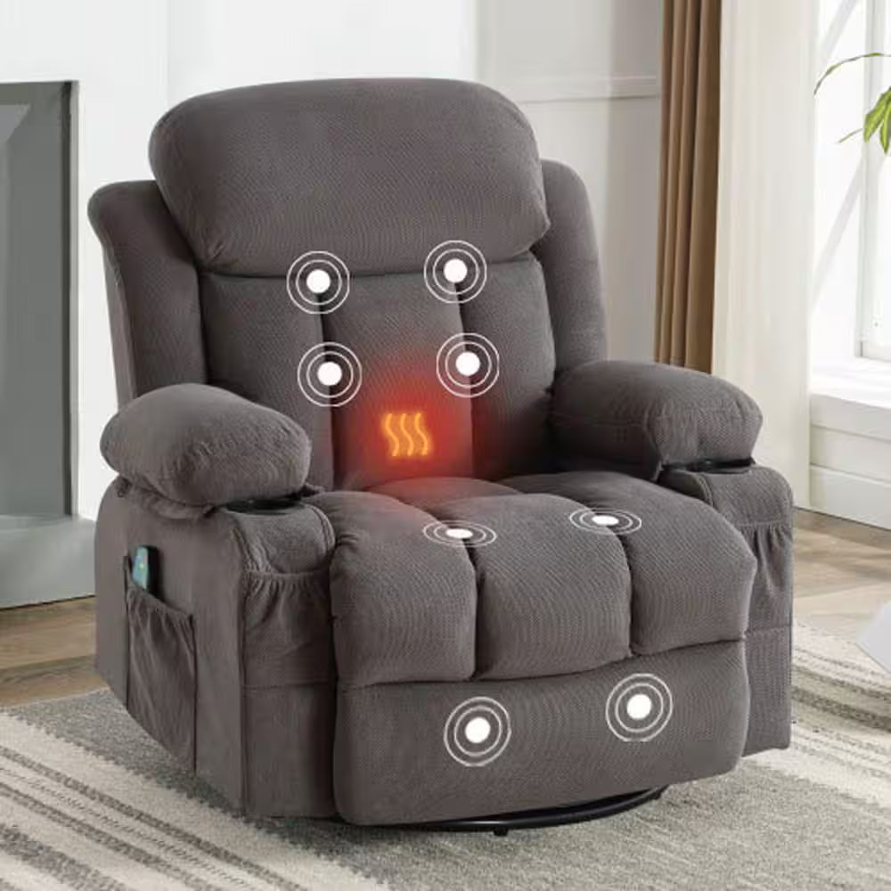 Dark Gray Velvet Recliners Massage Heated Reclining for Elderly with USB and 2-Cup Holders