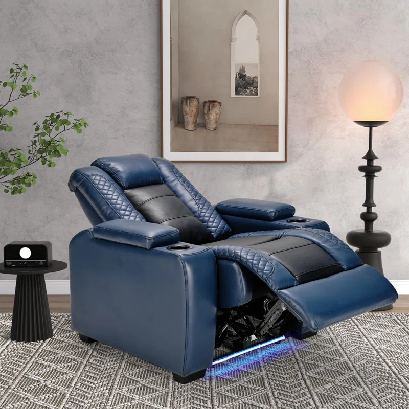 Valdur Adjustable Headrest Power Recliner Man Cave Home Theater Chair with Cup Holders USB LED (Set of 4)